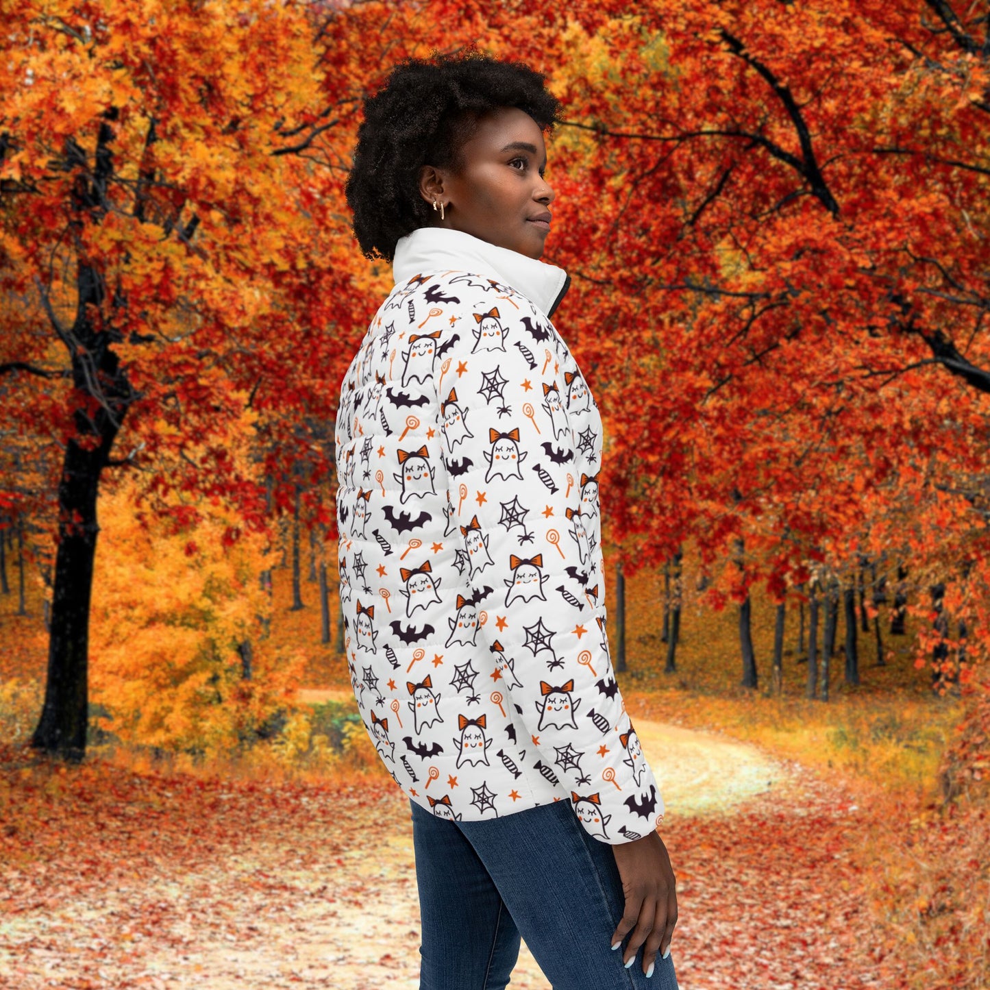 Halloween Ghost Puffer Jacket - Women's Cozy Outerwear