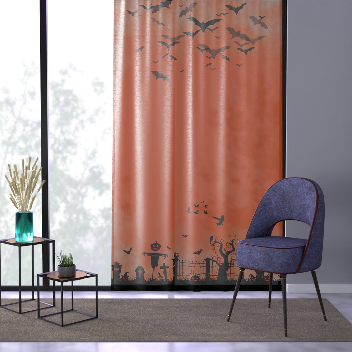 Windsor Wonders Orange Halloween Graveyard Window Curtain