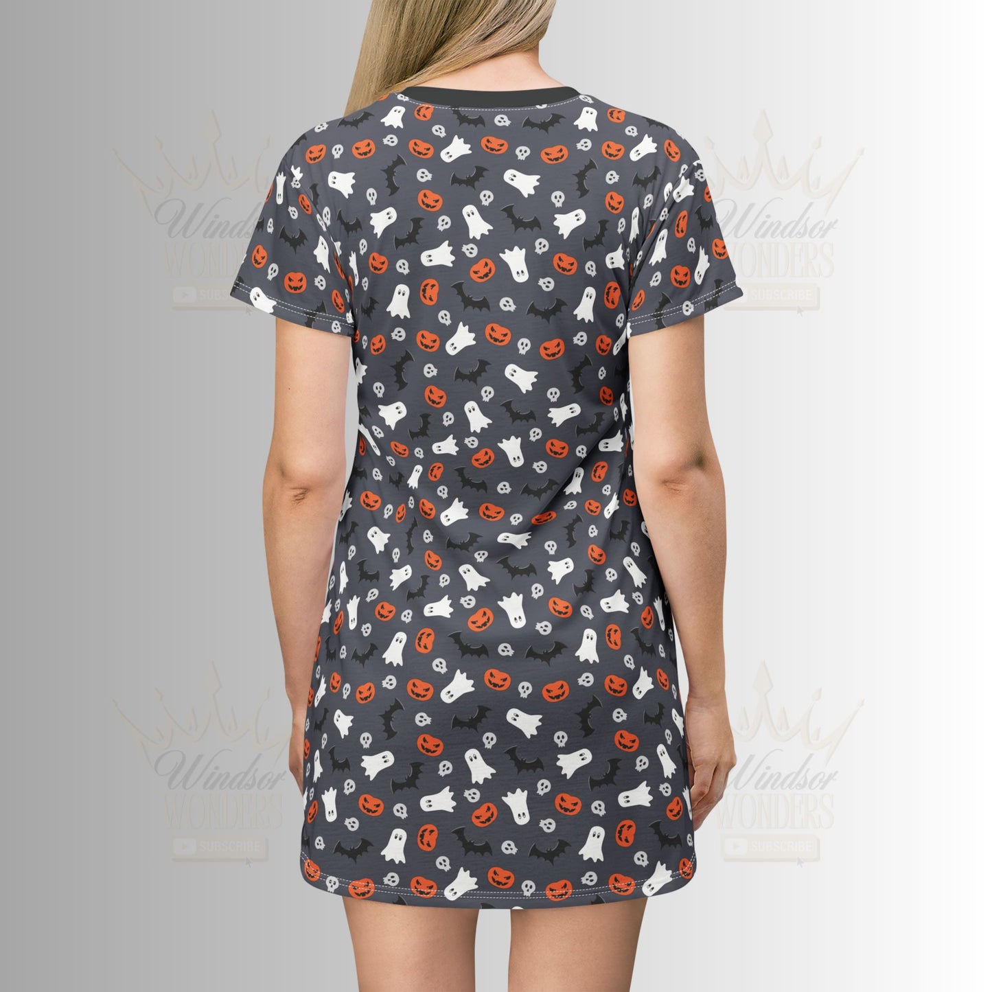 Dark Grey Halloween Patterned T-Shirt Dress, Casual Summer Wear, Everyday Outfit, Gift for Her, Home Lounge Dress