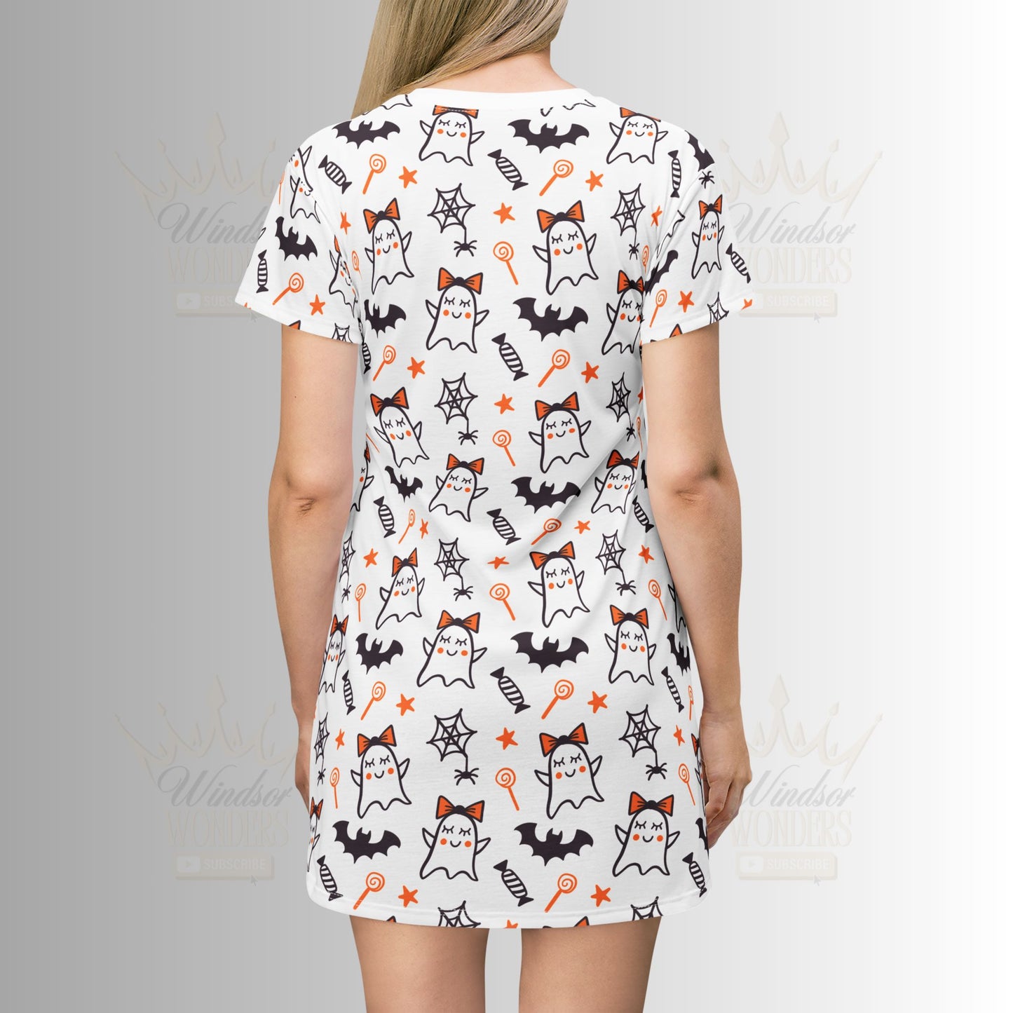 Halloween T-Shirt Dress - Kids Ghost & Bat Pattern