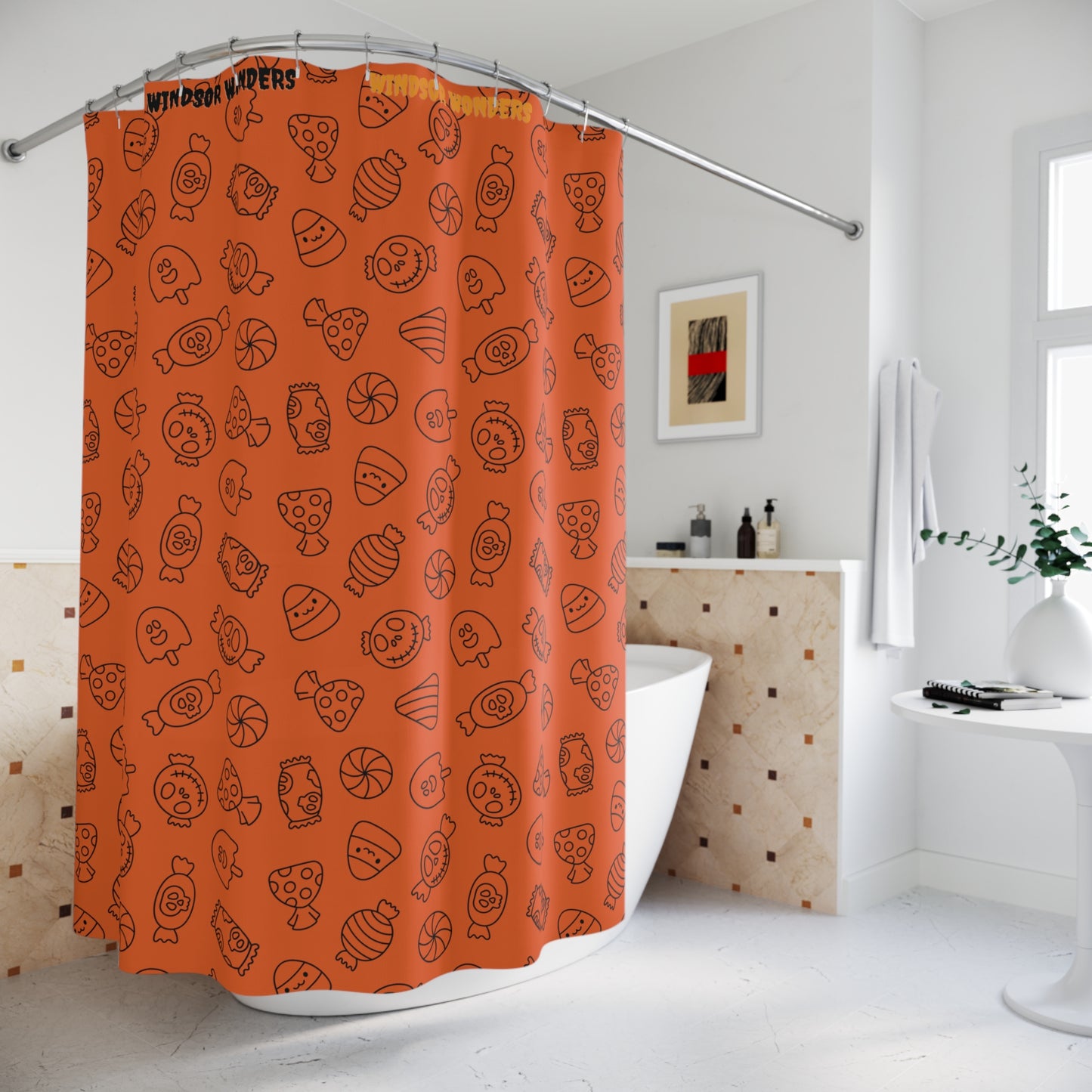 Windsor Wonders Orange Halloween Candy Shower Curtains