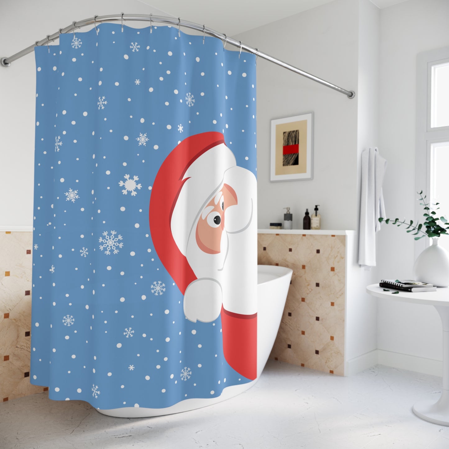 Santa's Always Watching  Light Blue Shower Curtains