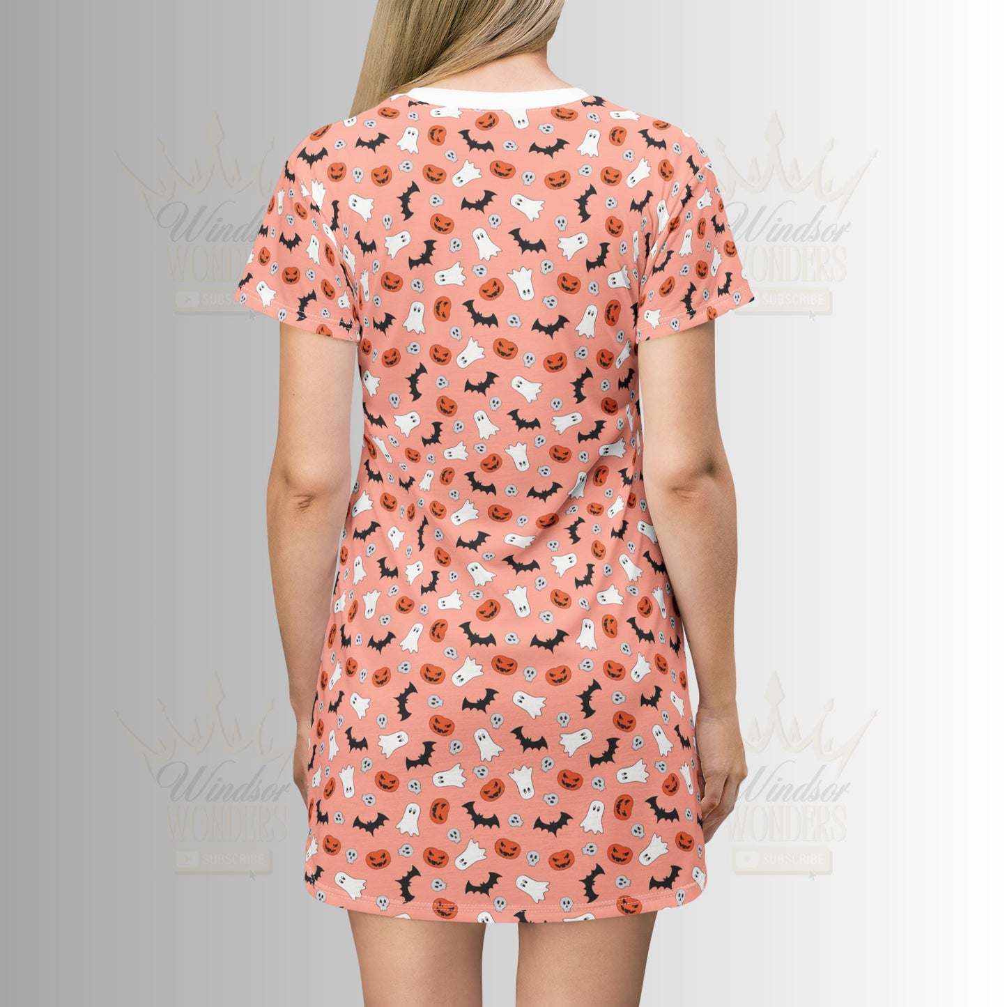 Cute Orange Halloween-Print T-Shirt Dress, Casual Everyday Wear, Gift for Spooky Lovers, Fall Dress, Cute Ghost Fashion