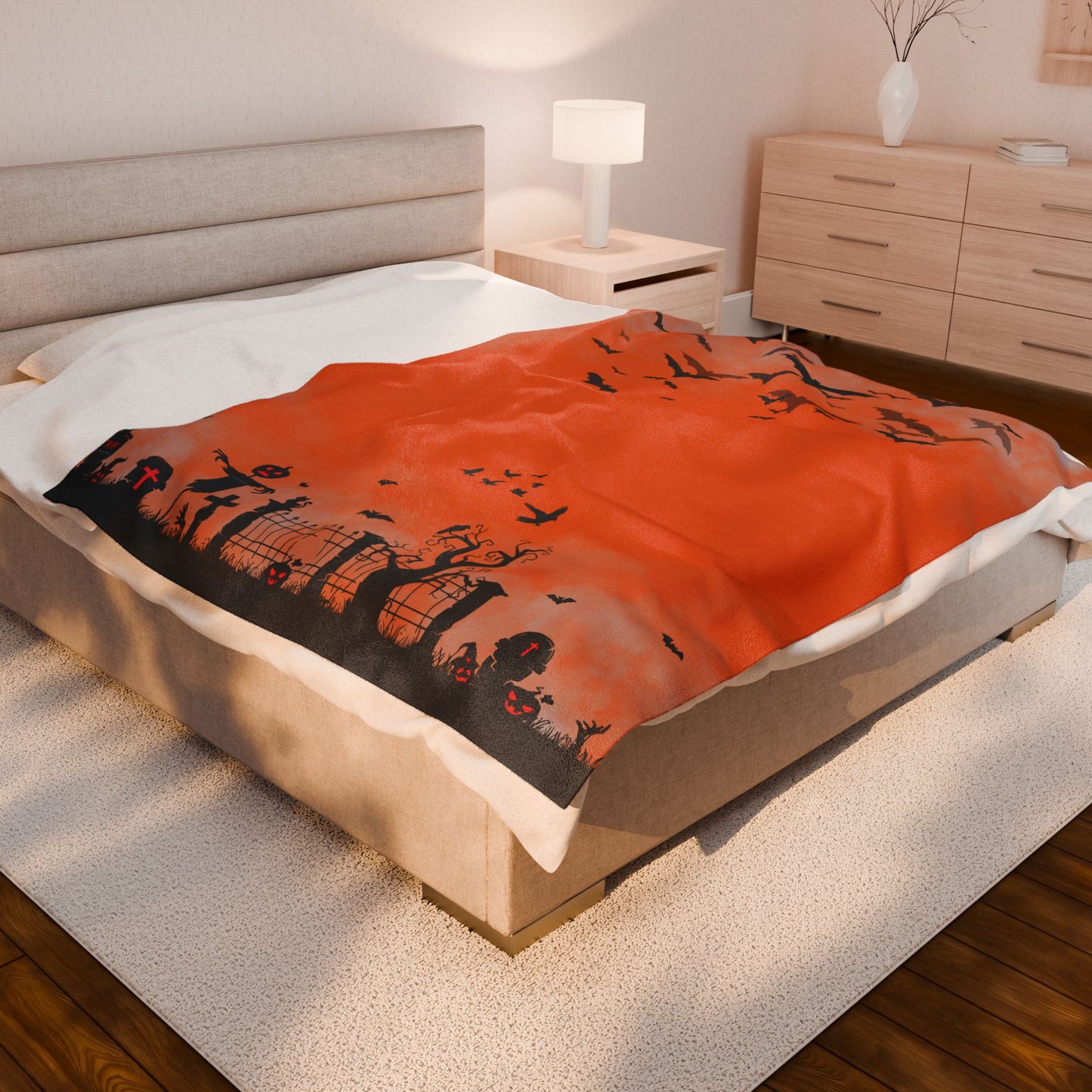 Windsor Wonders Orange Graveyard Halloween Velveteen Plush Blanket