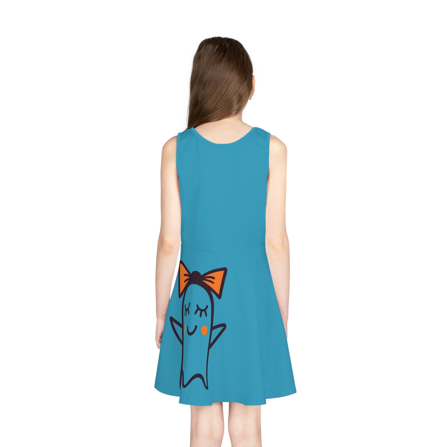 Turquoise Too Ghoul For School Cute Ghost Girls' Sleeveless Sundress (AOP)