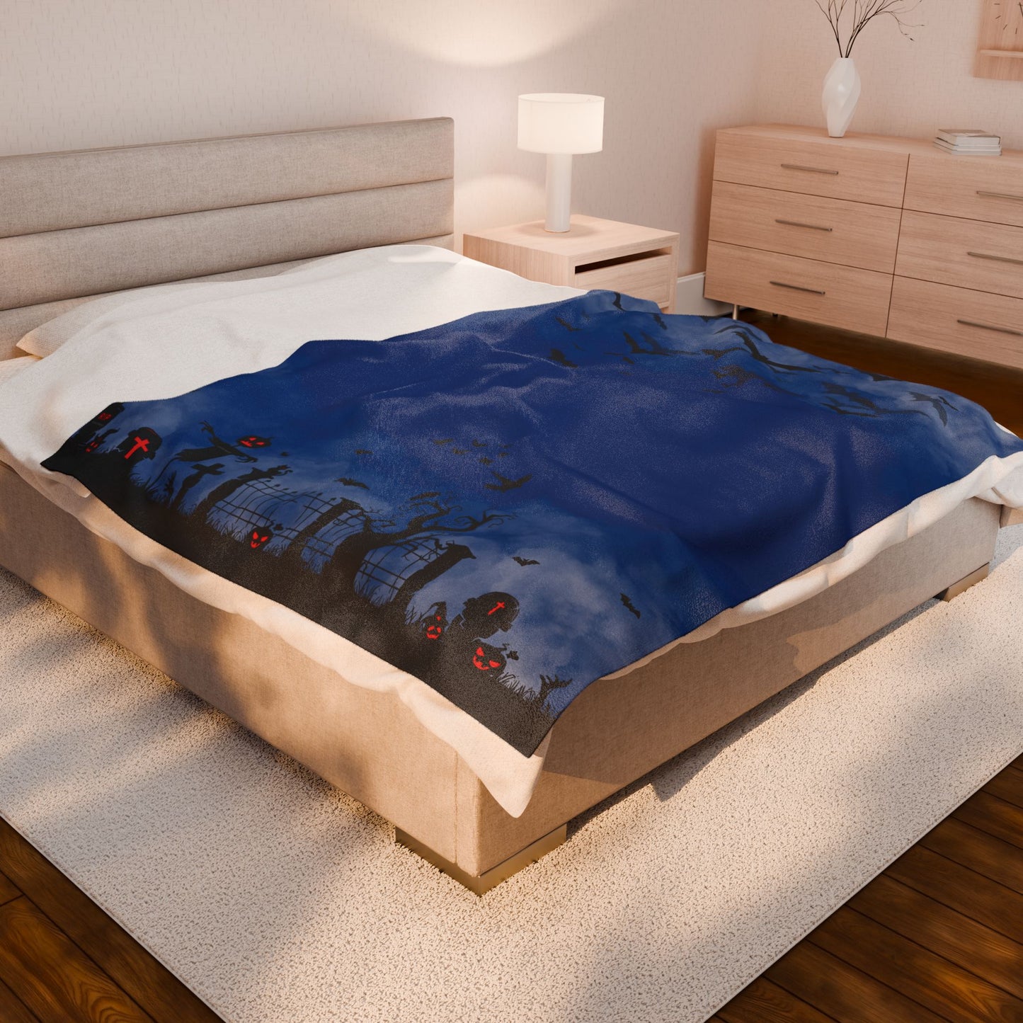 Windsor Wonders Dark Blue Graveyard Halloween Velveteen Plush Blanket