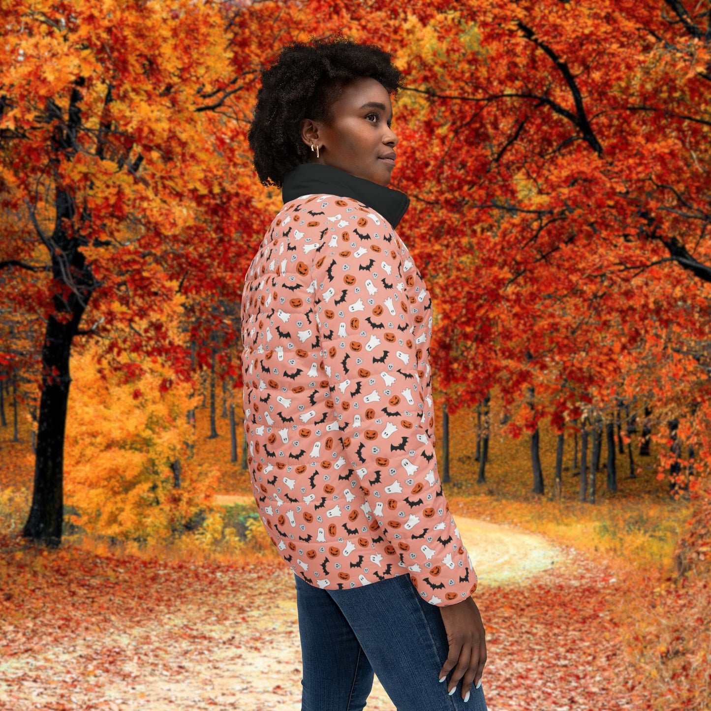 Orange Halloween Cozy Women’s Puffer Jacket, Cute Winter Coat, Stylish Outerwear, Trendy Fashion, Perfect for Gifting, Animal Print Design