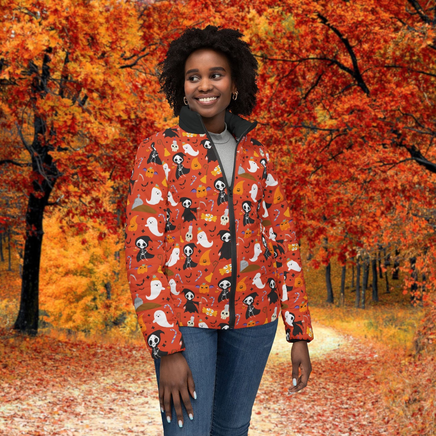 Halloween Ghosts & Reapers Women’s Puffer Jacket, Cozy Fall Layer, Spooky Season Outerwear, Pet Lover Gift, Cute Halloween Apparel