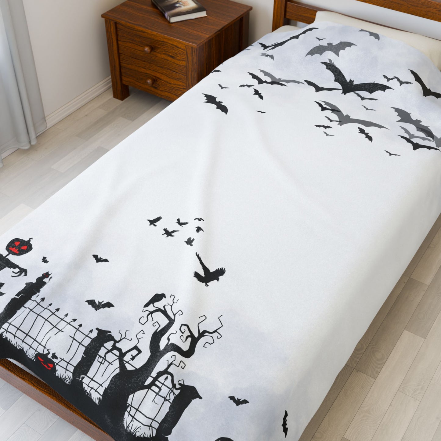 Windsor Wonders White Graveyard Halloween Velveteen Plush Blanket