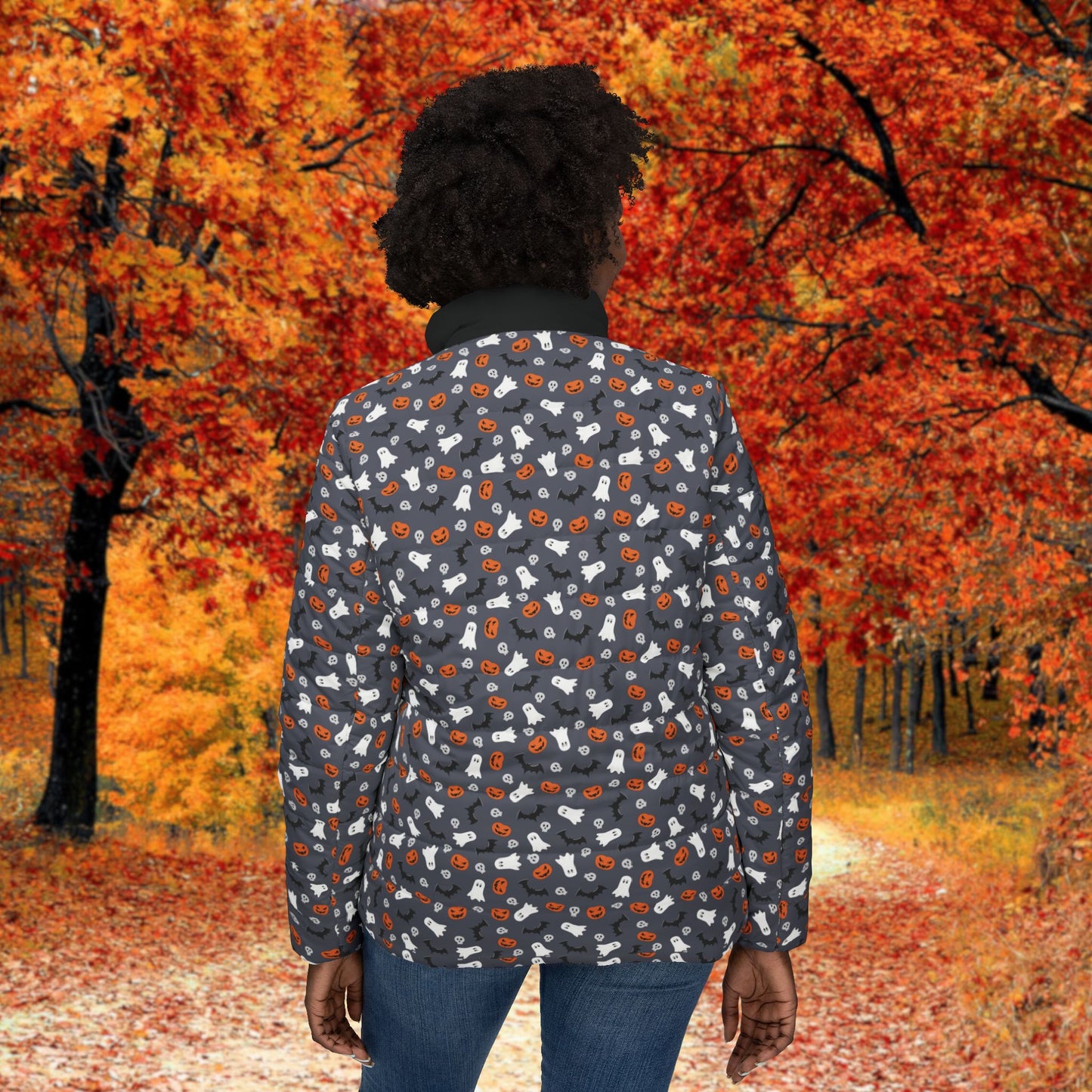 Dark Grey Halloween Cozy Women's Puffer Jacket, Warm Outerwear, Trendy Fall Fashion, Outdoor Adventure Gear, Stylish Winter Layering