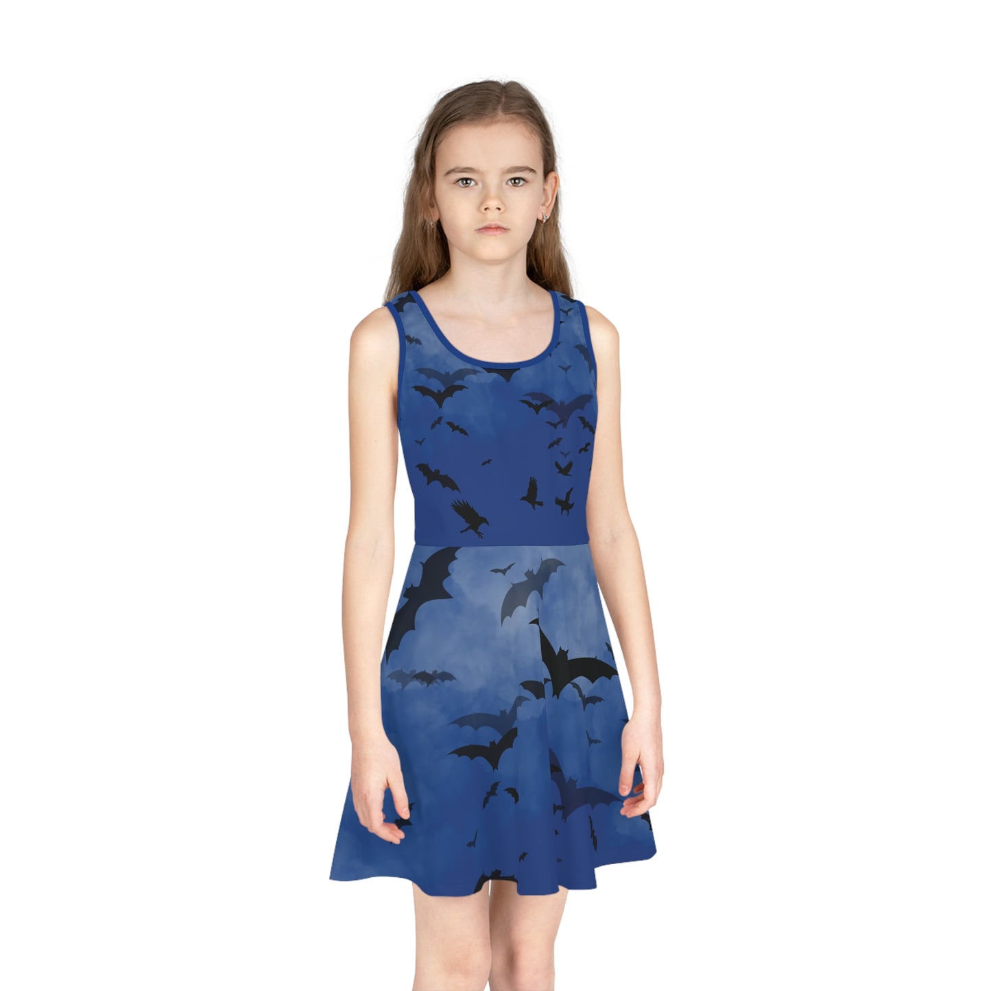 Girls' Dark Blue Halloween Bats Sleeveless Sundress (AOP)