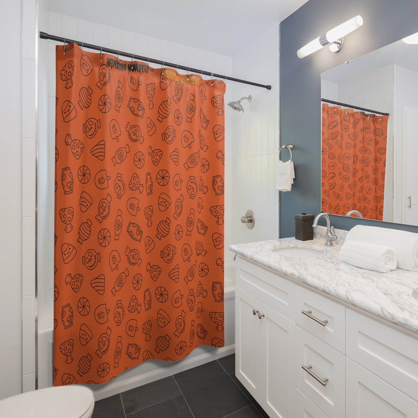 Windsor Wonders Orange Halloween Candy Shower Curtains