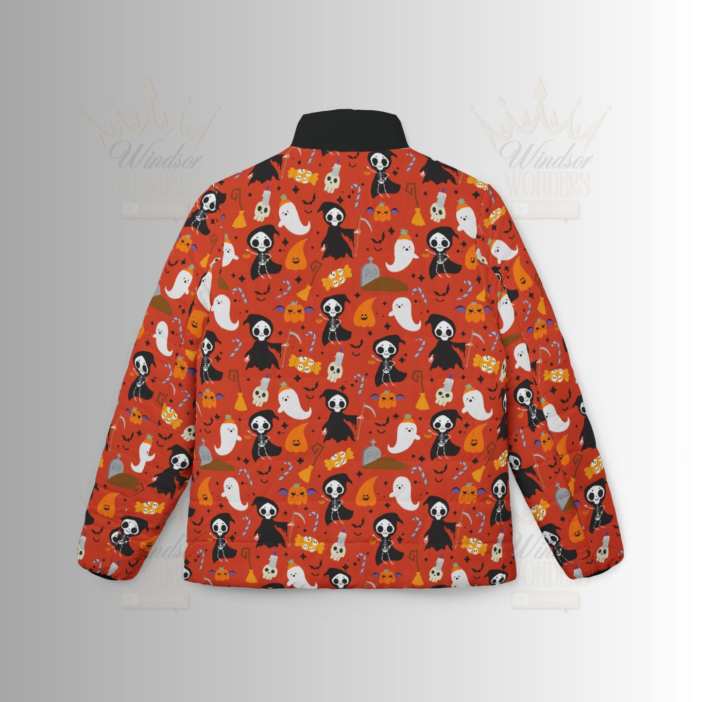 Halloween Ghosts & Reapers Women’s Puffer Jacket, Cozy Fall Layer, Spooky Season Outerwear, Pet Lover Gift, Cute Halloween Apparel