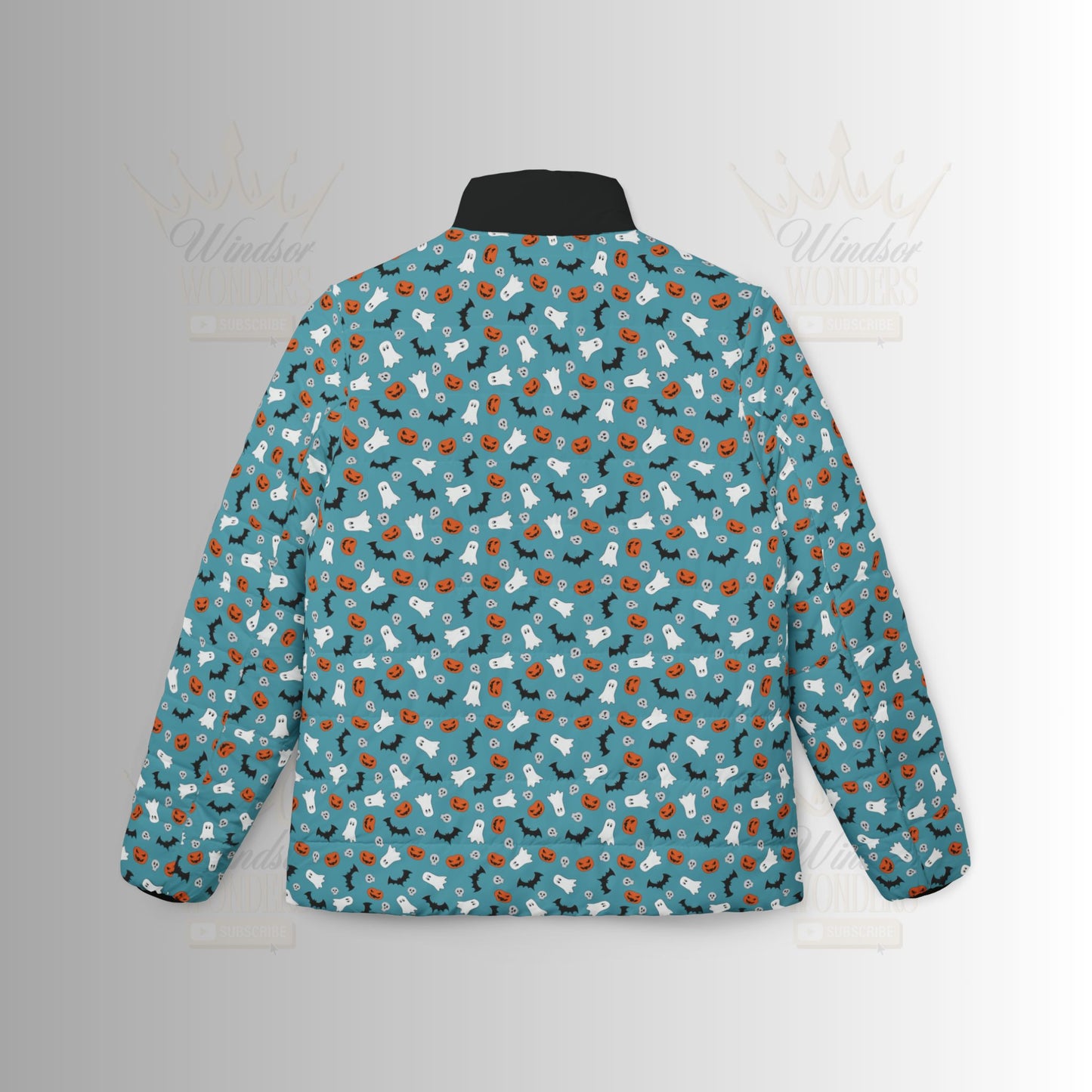 Blue Halloween Women's Puffer Jacket, Stylish Winter Outerwear, Cozy Jacket with Fun Pattern, Great for Outdoor Adventures, Perfect Gift for Her