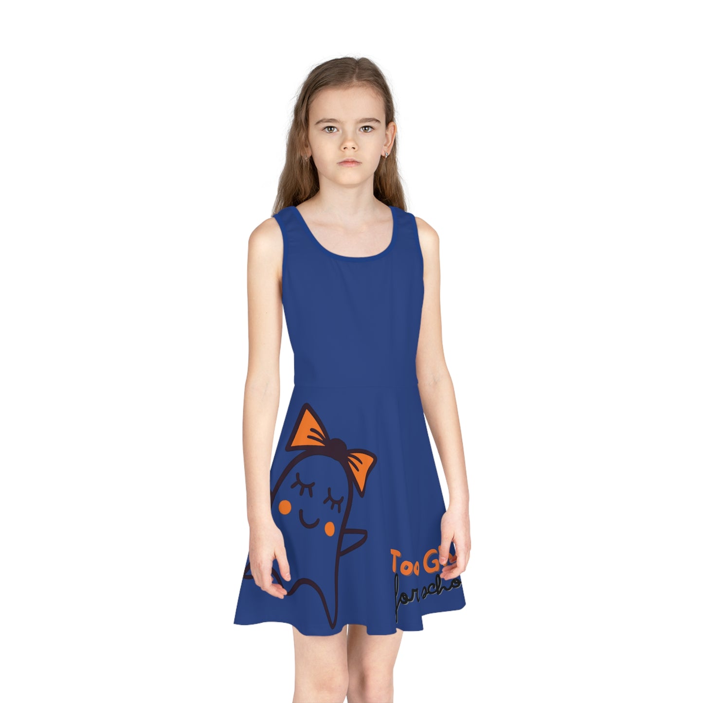 Dark Blue Too Ghoul For School Cute Ghost Girls' Sleeveless Sundress (AOP)
