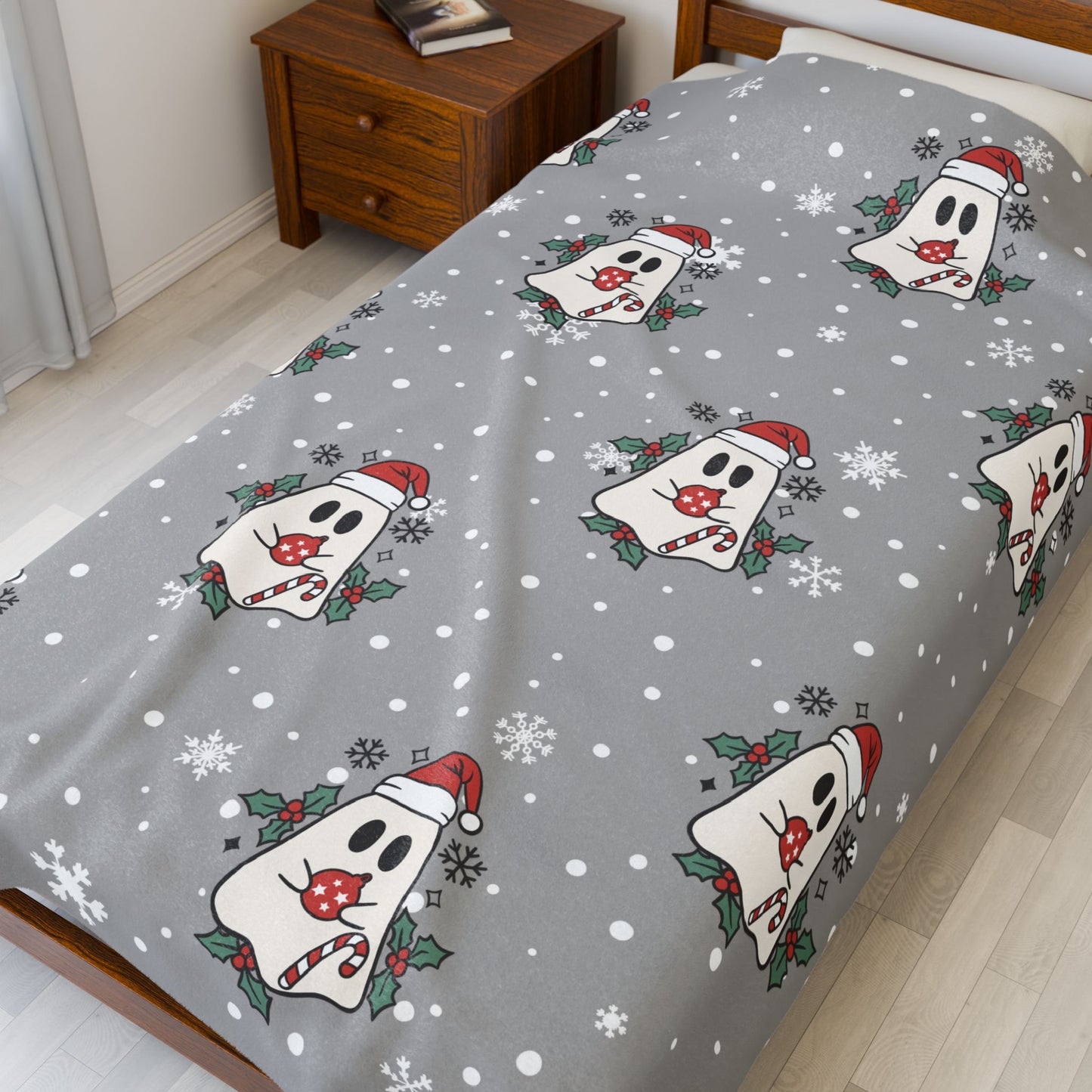 Festive Spirits Light Grey Velveteen Plush Blanket