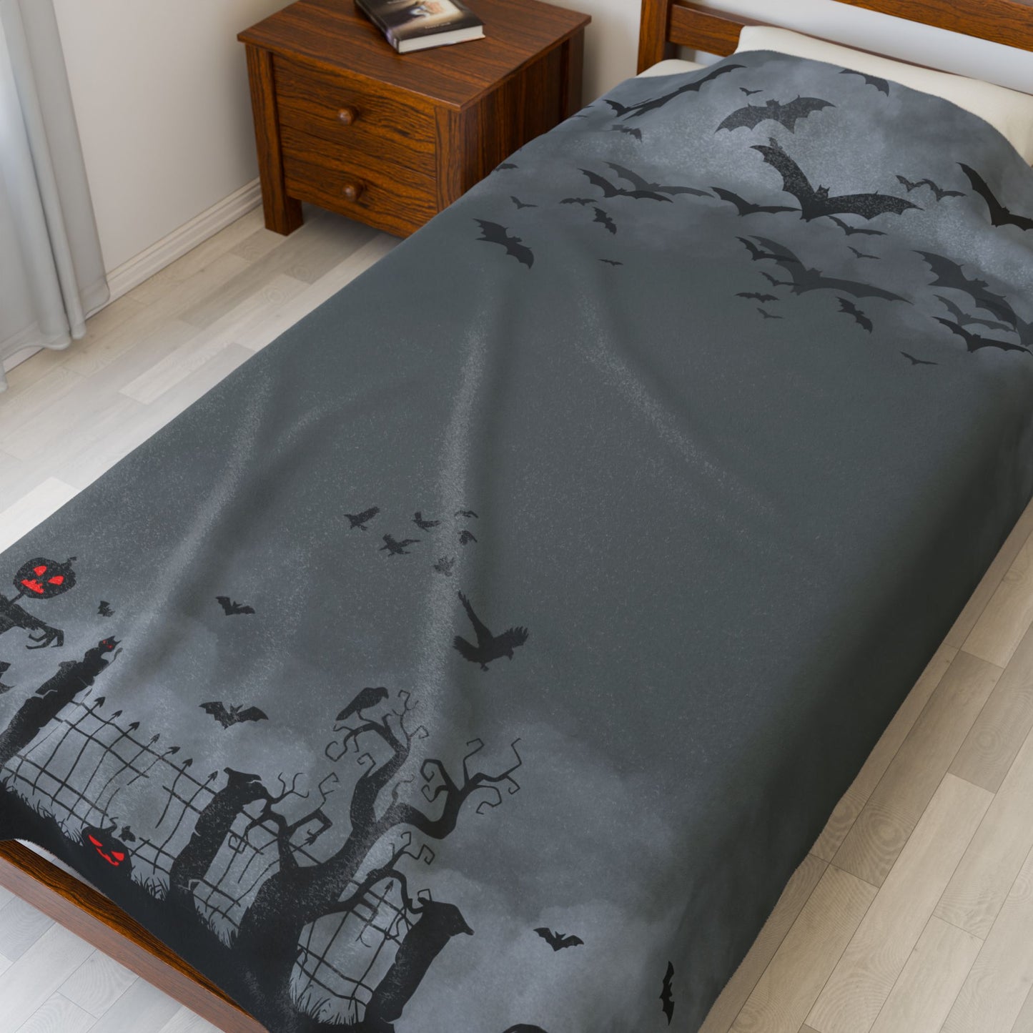 Windsor Wonders Dark Grey Graveyard Halloween Velveteen Plush Blanket