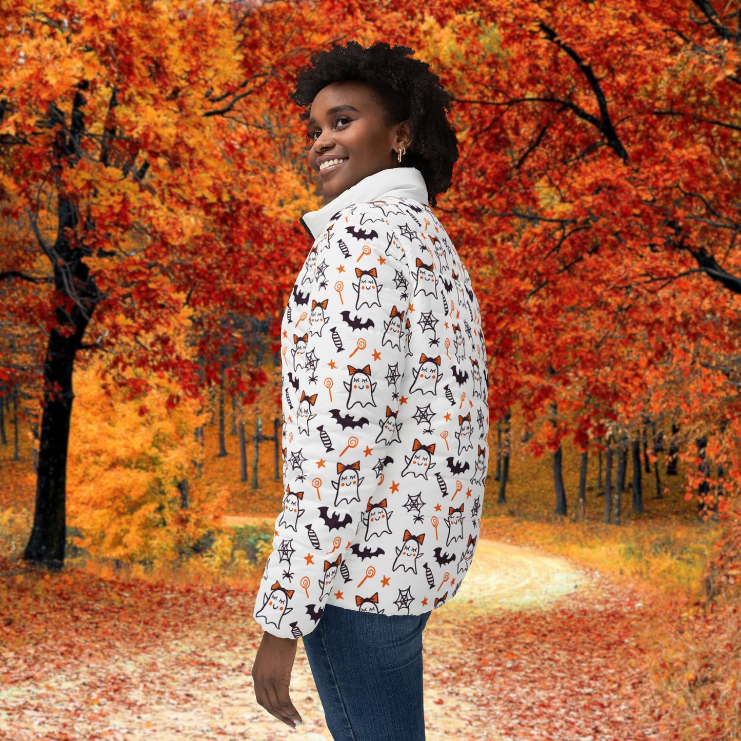 Halloween Ghost Puffer Jacket - Women's Cozy Outerwear