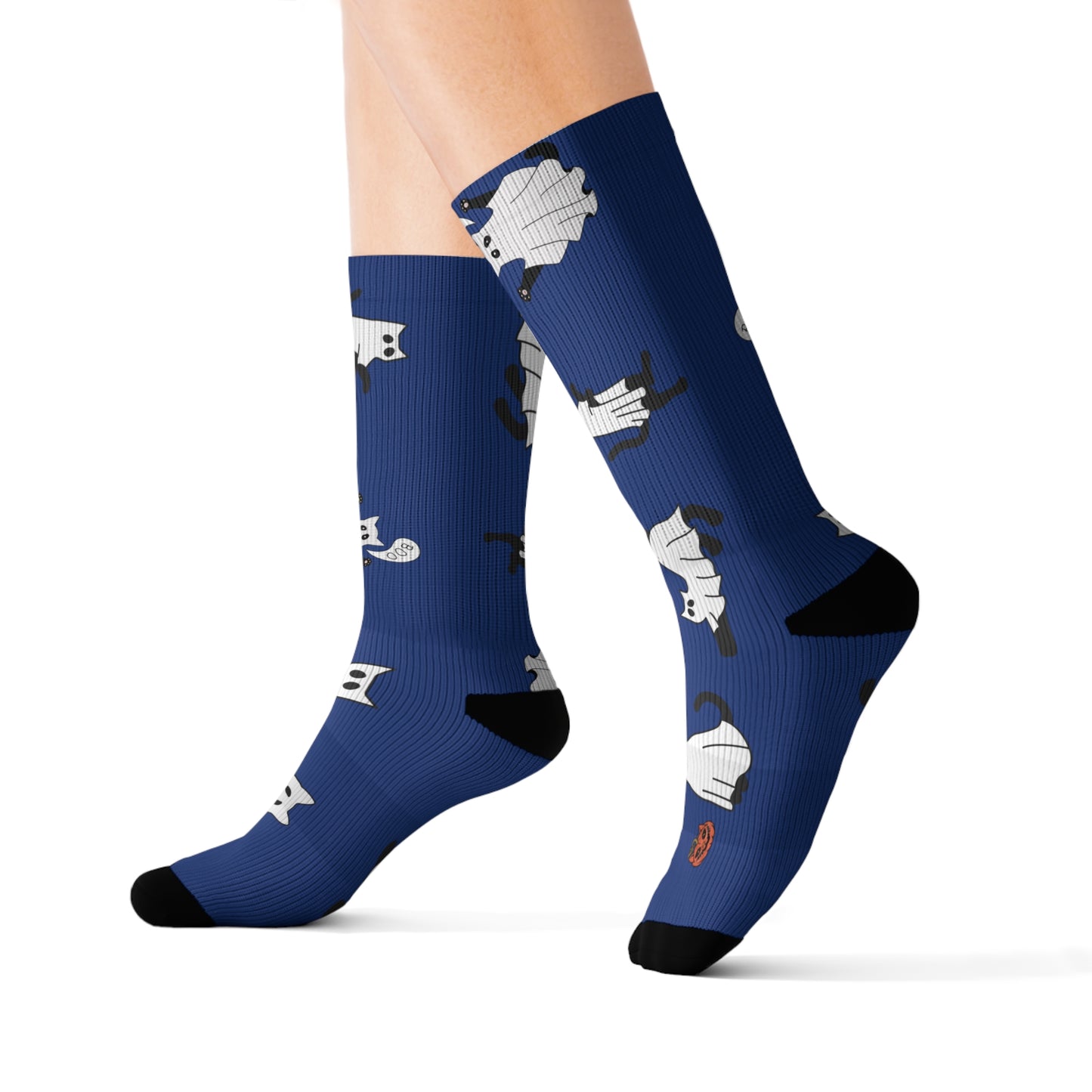 Windsor Wonders Dark Blue Halloween Ghost Cats Sublimation Socks