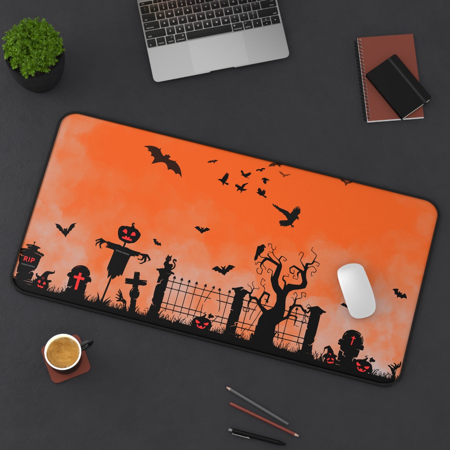 Orange Graveyard Desk Mat - Halloween Office Decor