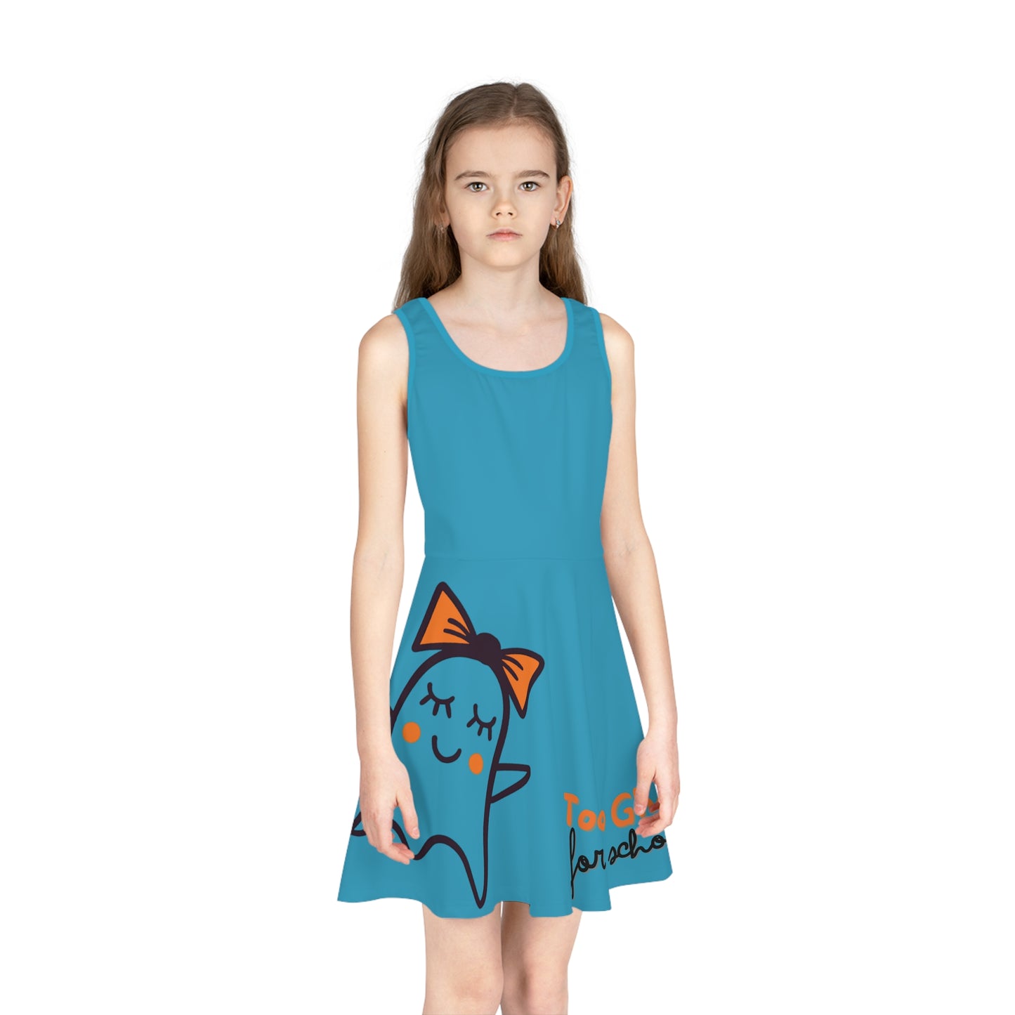 Turquoise Too Ghoul For School Cute Ghost Girls' Sleeveless Sundress (AOP)