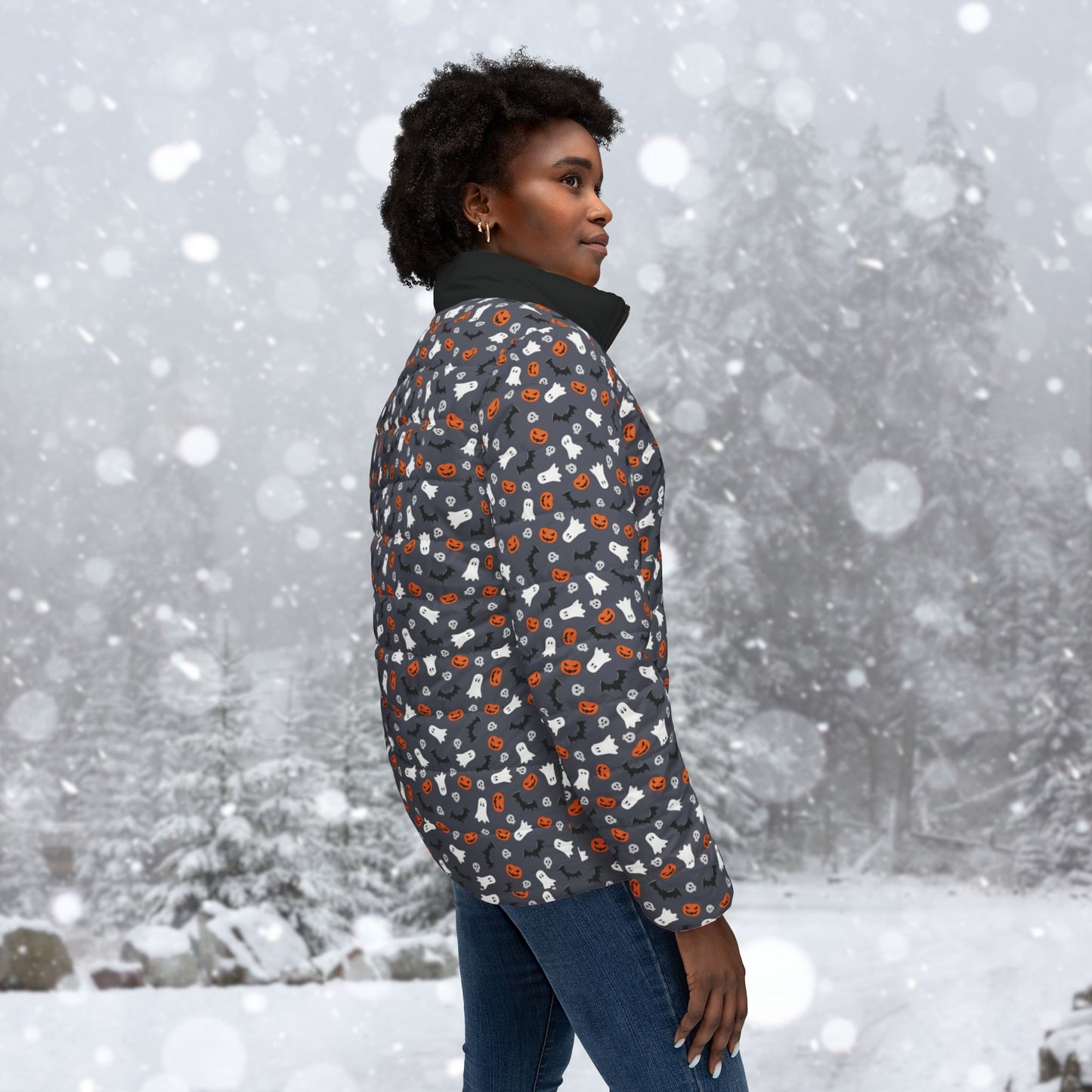 Dark Grey Halloween Cozy Women's Puffer Jacket, Warm Outerwear, Trendy Fall Fashion, Outdoor Adventure Gear, Stylish Winter Layering