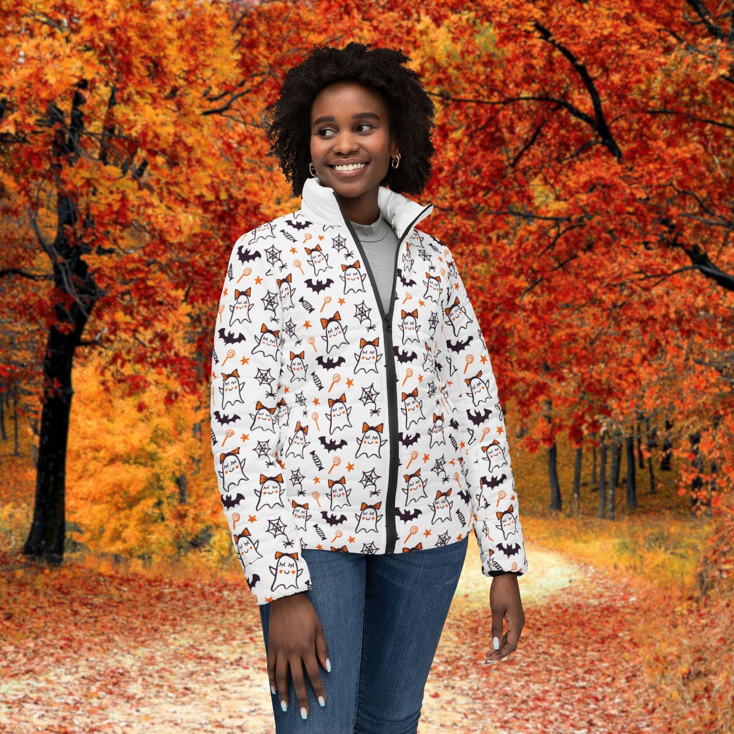 Halloween Ghost Puffer Jacket - Women's Cozy Outerwear