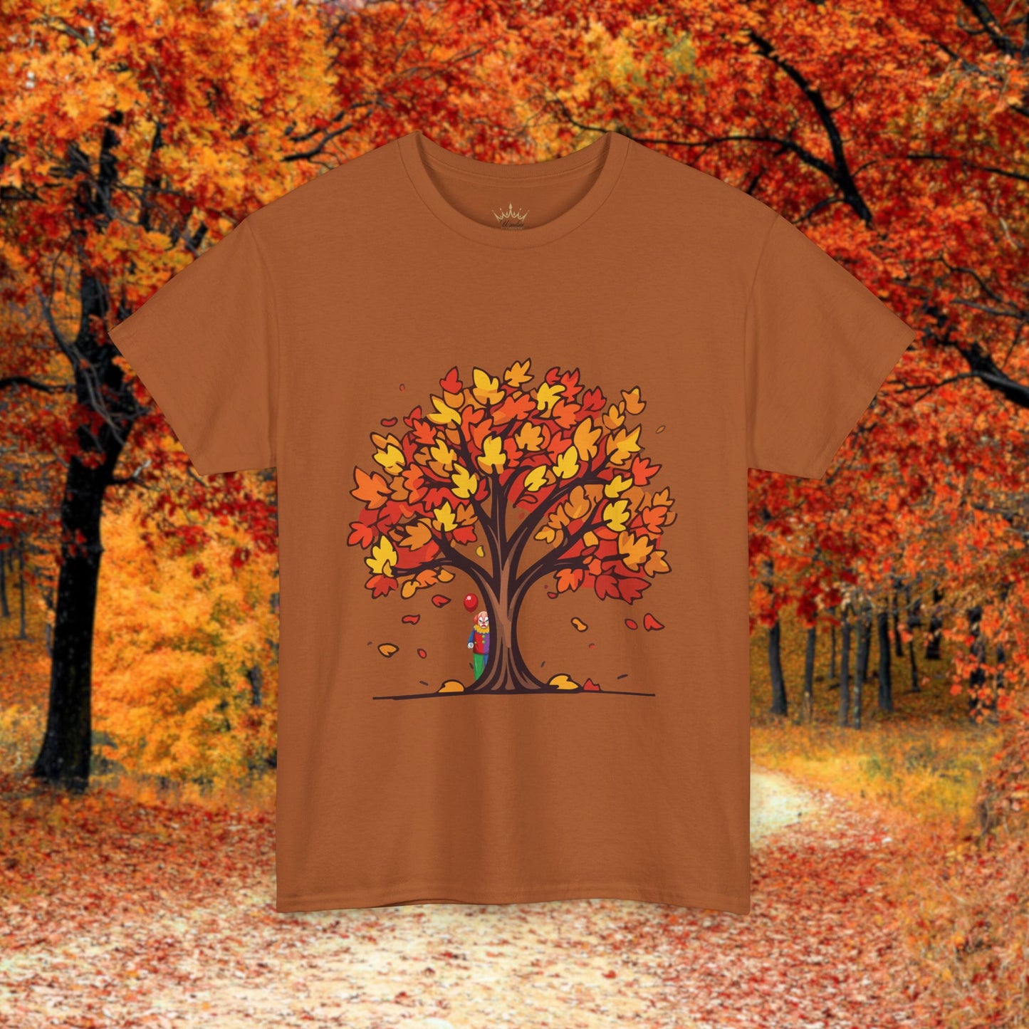 Autumn Tree Clown Tee, Unisex Cotton Shirt, Fall Fashion, Nature Lover Gift, Seasonal Wear, Thanksgiving Apparel