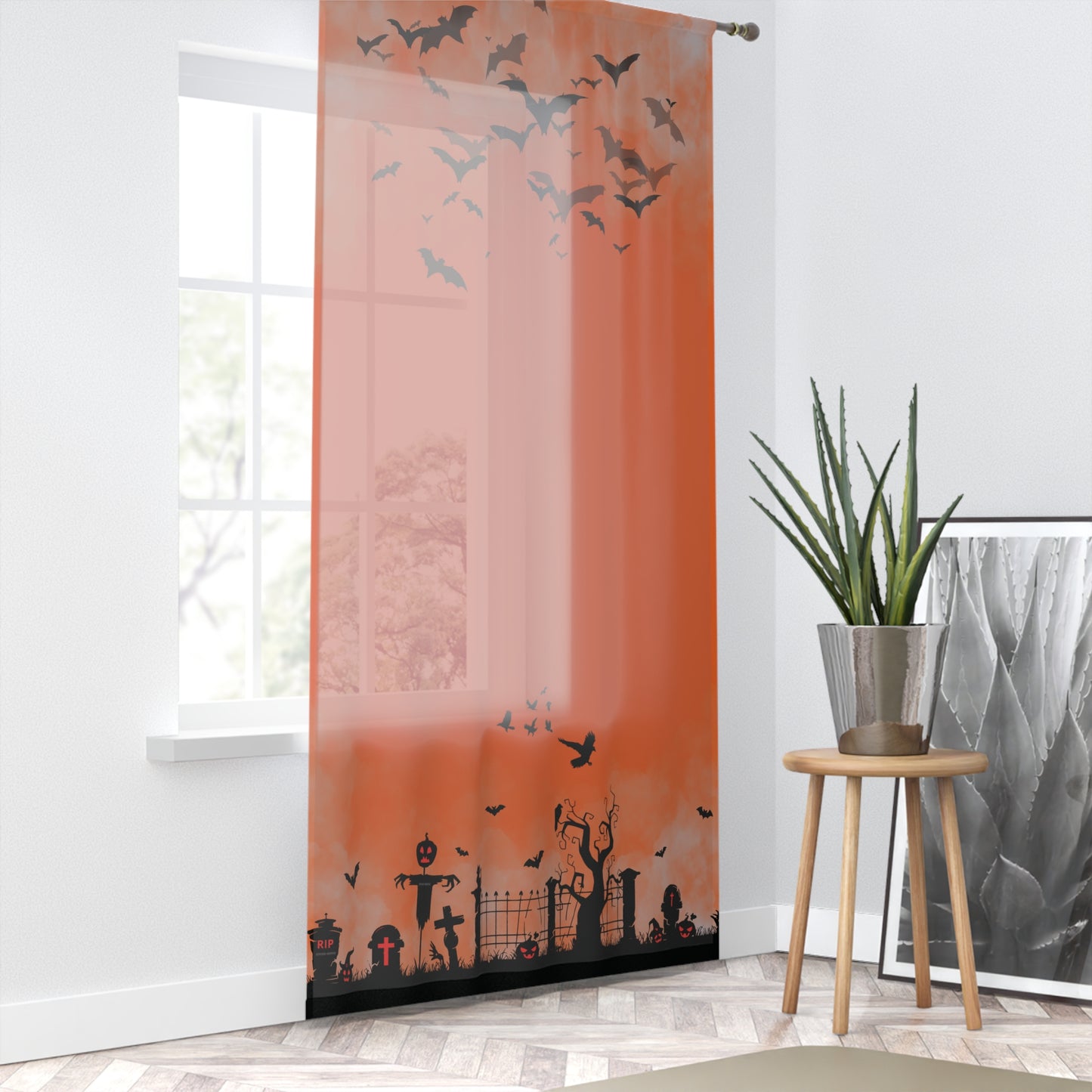 Windsor Wonders Orange Halloween Graveyard Window Curtain