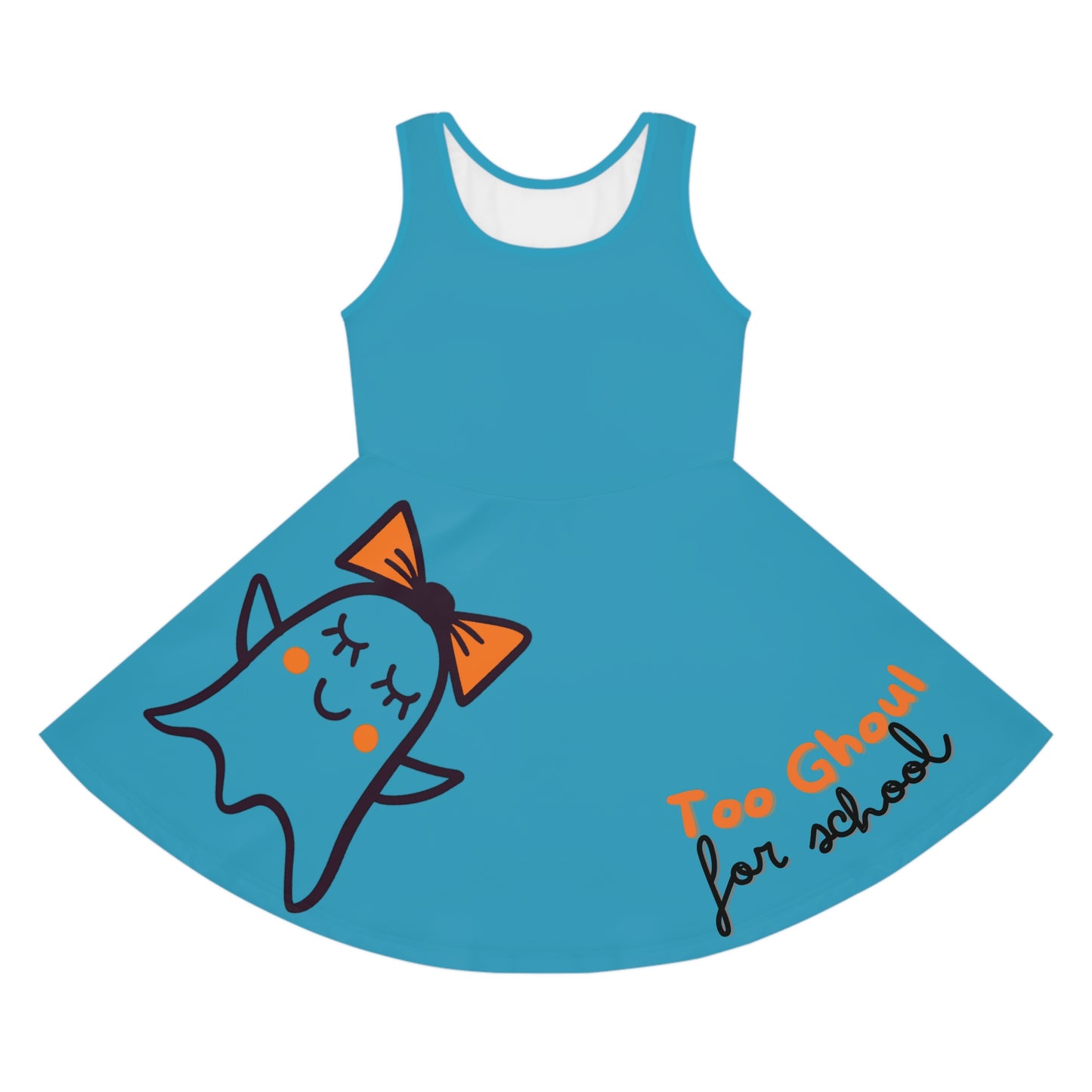 Turquoise Too Ghoul For School Cute Ghost Girls' Sleeveless Sundress (AOP)