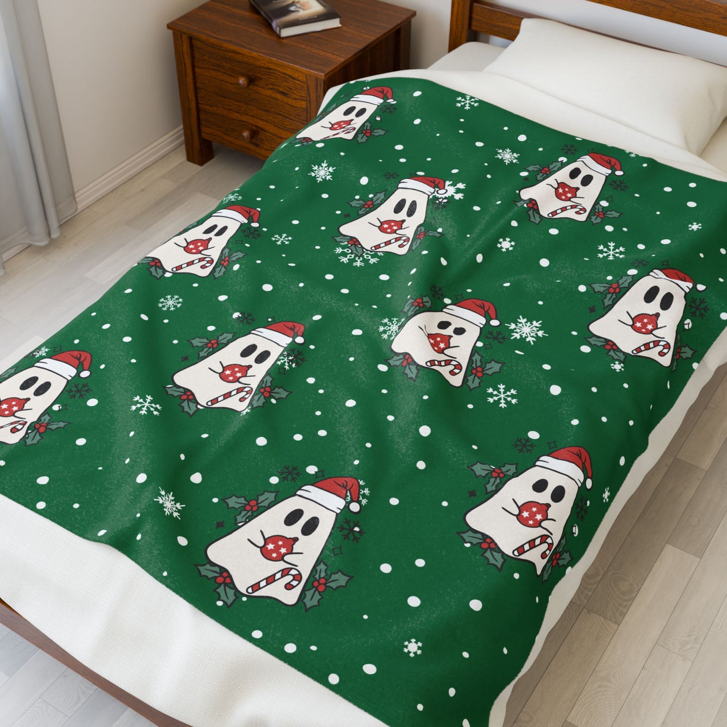 Festive Spirits Dark Green Velveteen Plush Blanket