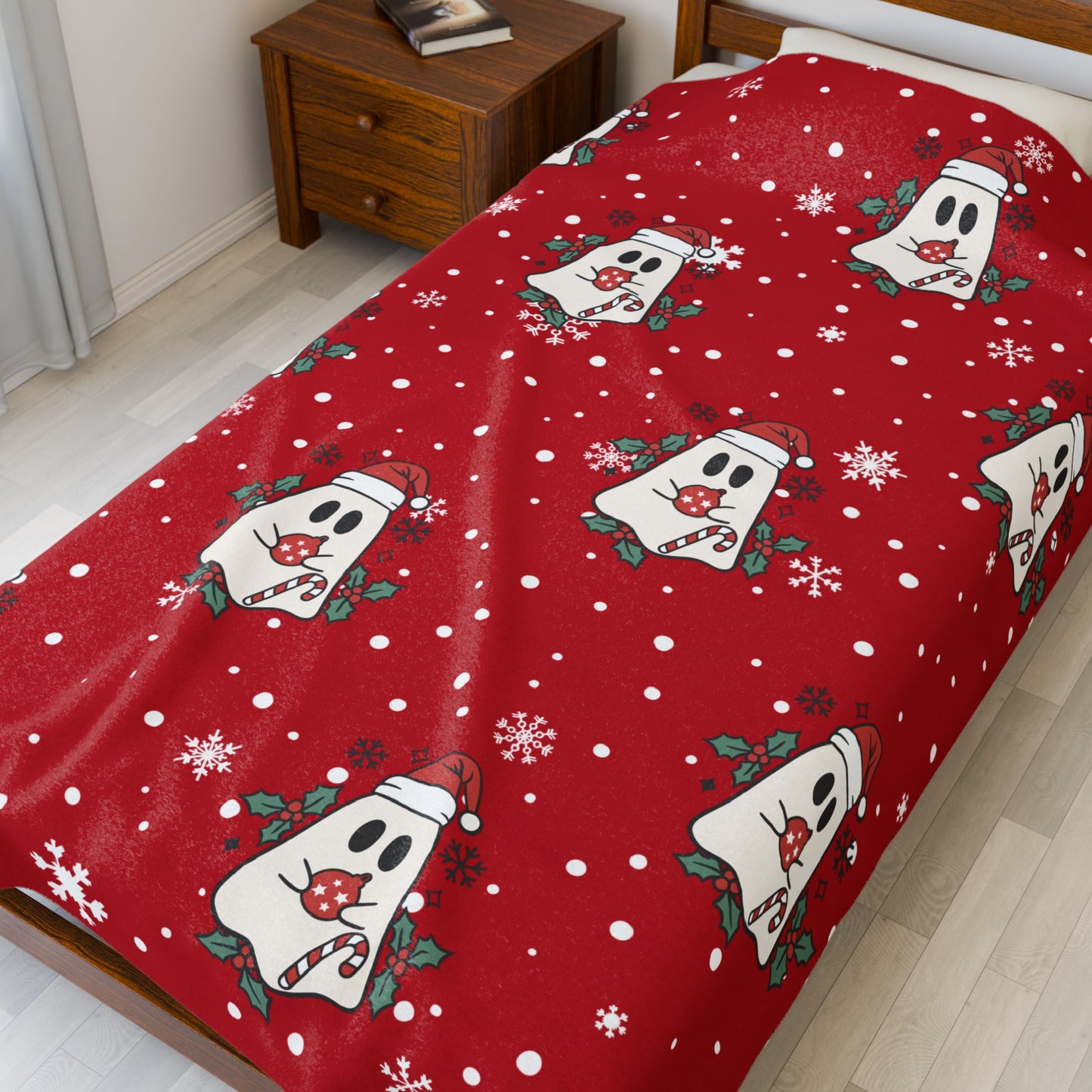 Festive Spirits Dark Red Velveteen Plush Blanket