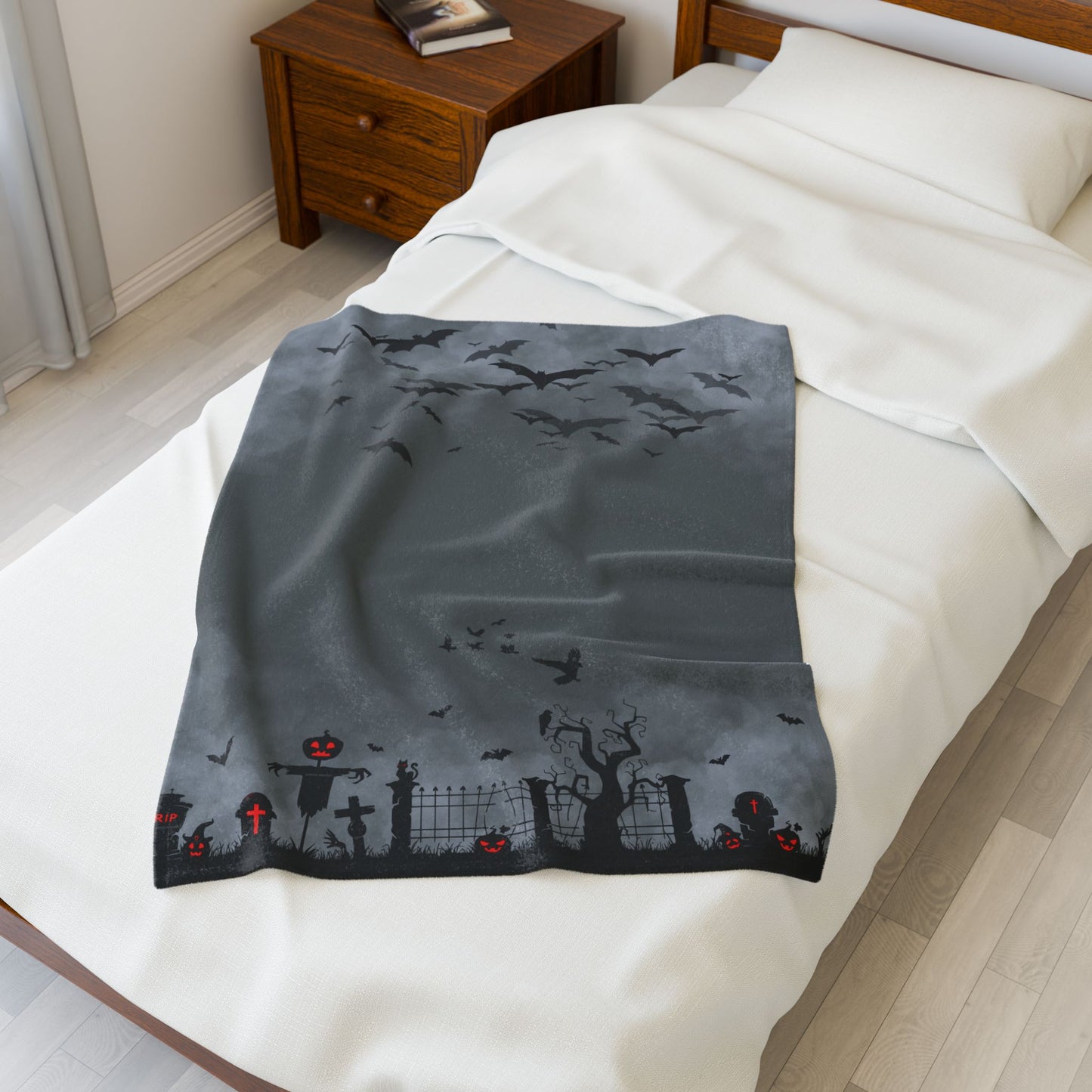Windsor Wonders Dark Grey Graveyard Halloween Velveteen Plush Blanket