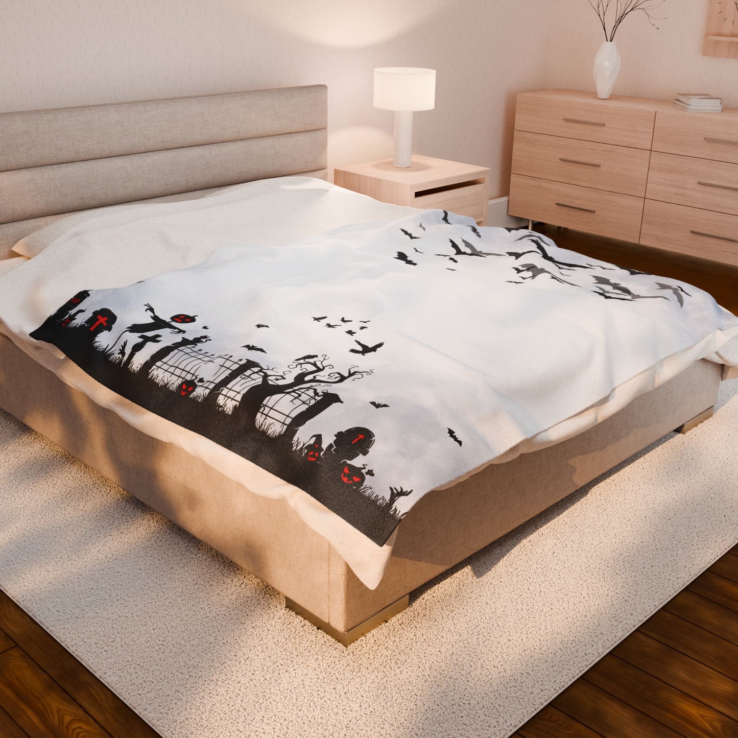 Windsor Wonders White Graveyard Halloween Velveteen Plush Blanket