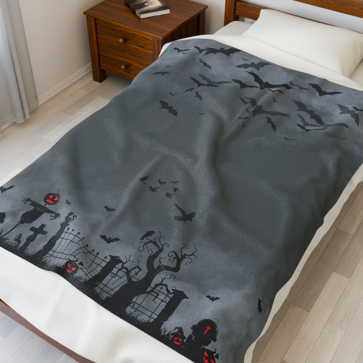 Windsor Wonders Dark Grey Graveyard Halloween Velveteen Plush Blanket