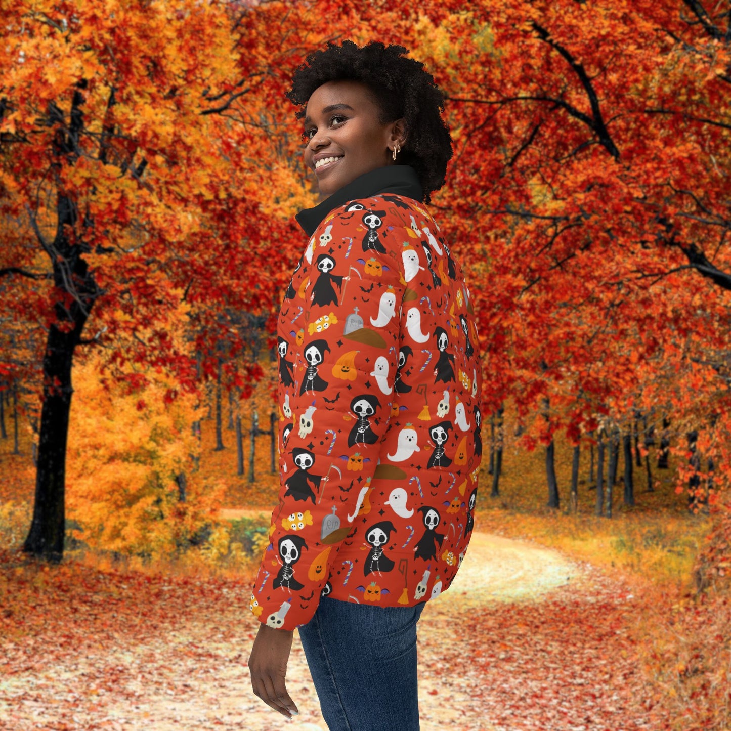 Halloween Ghosts & Reapers Women’s Puffer Jacket, Cozy Fall Layer, Spooky Season Outerwear, Pet Lover Gift, Cute Halloween Apparel