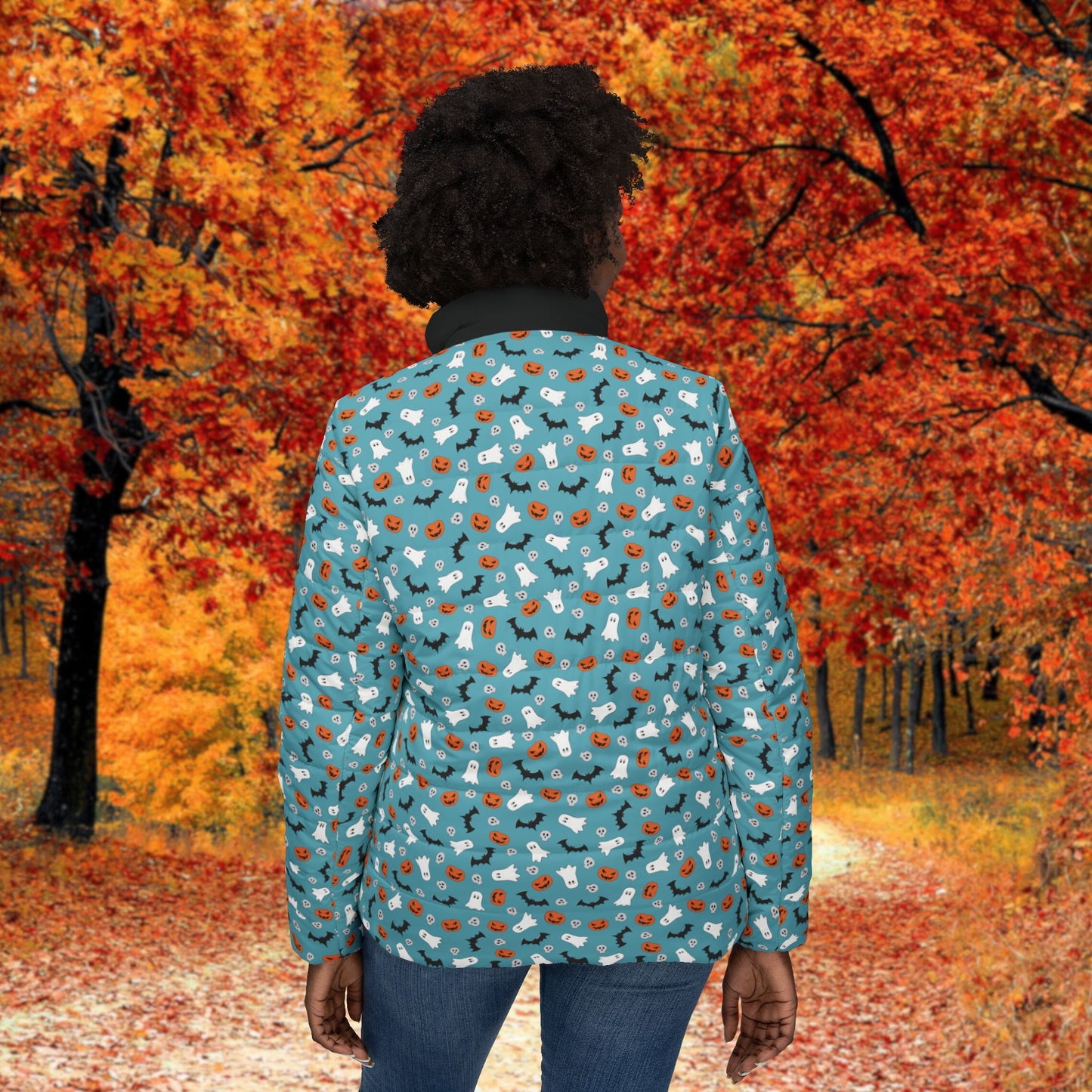 Blue Halloween Women's Puffer Jacket, Stylish Winter Outerwear, Cozy Jacket with Fun Pattern, Great for Outdoor Adventures, Perfect Gift for Her