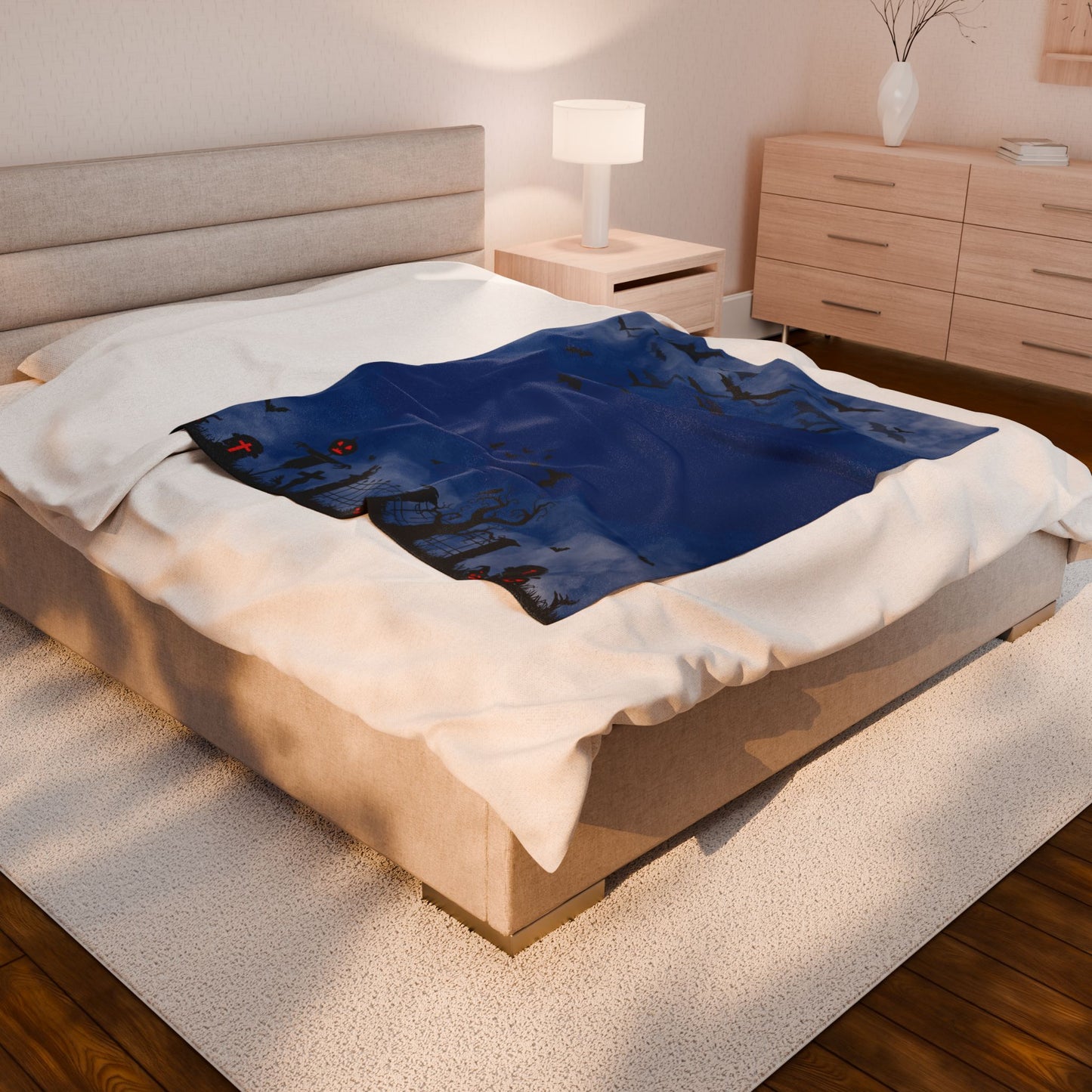 Windsor Wonders Dark Blue Graveyard Halloween Velveteen Plush Blanket