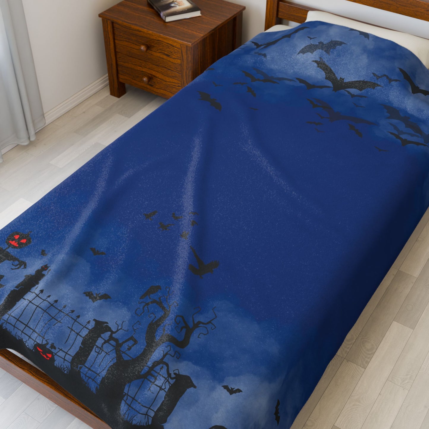 Windsor Wonders Dark Blue Graveyard Halloween Velveteen Plush Blanket