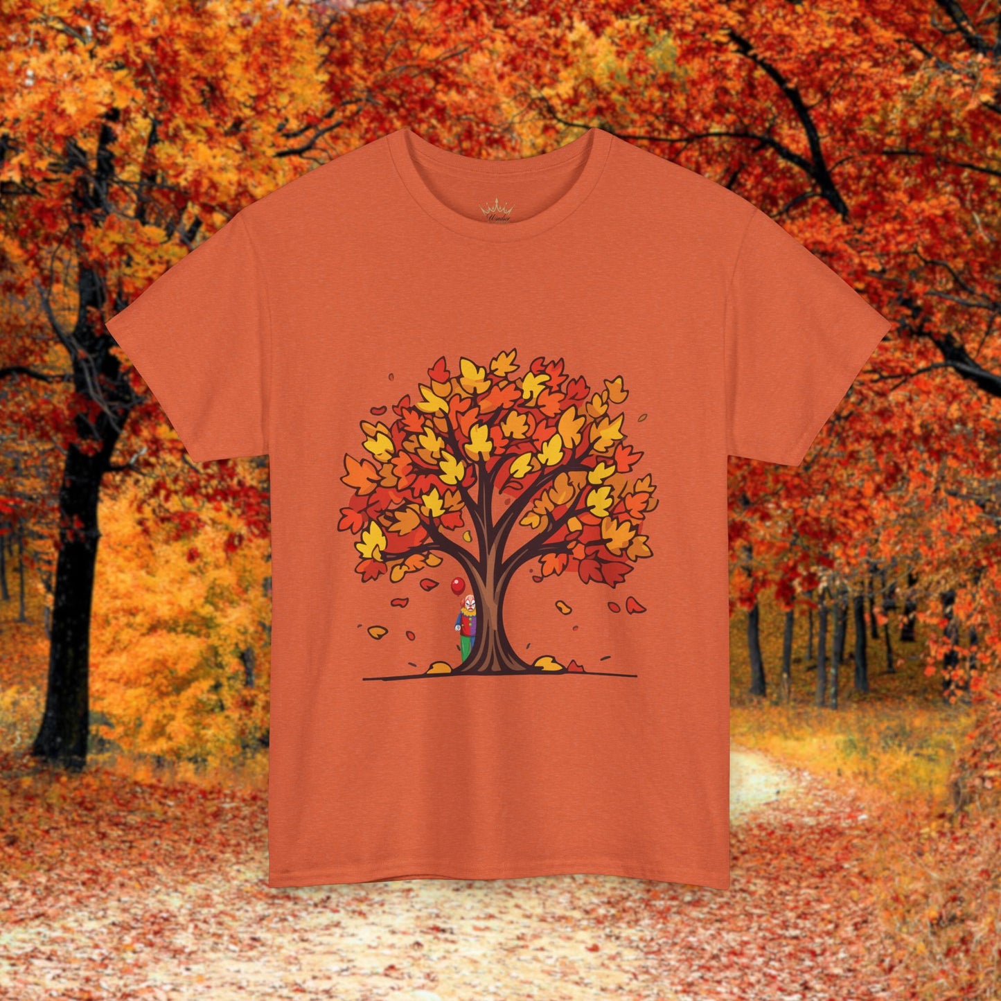 Autumn Tree Clown Tee, Unisex Cotton Shirt, Fall Fashion, Nature Lover Gift, Seasonal Wear, Thanksgiving Apparel