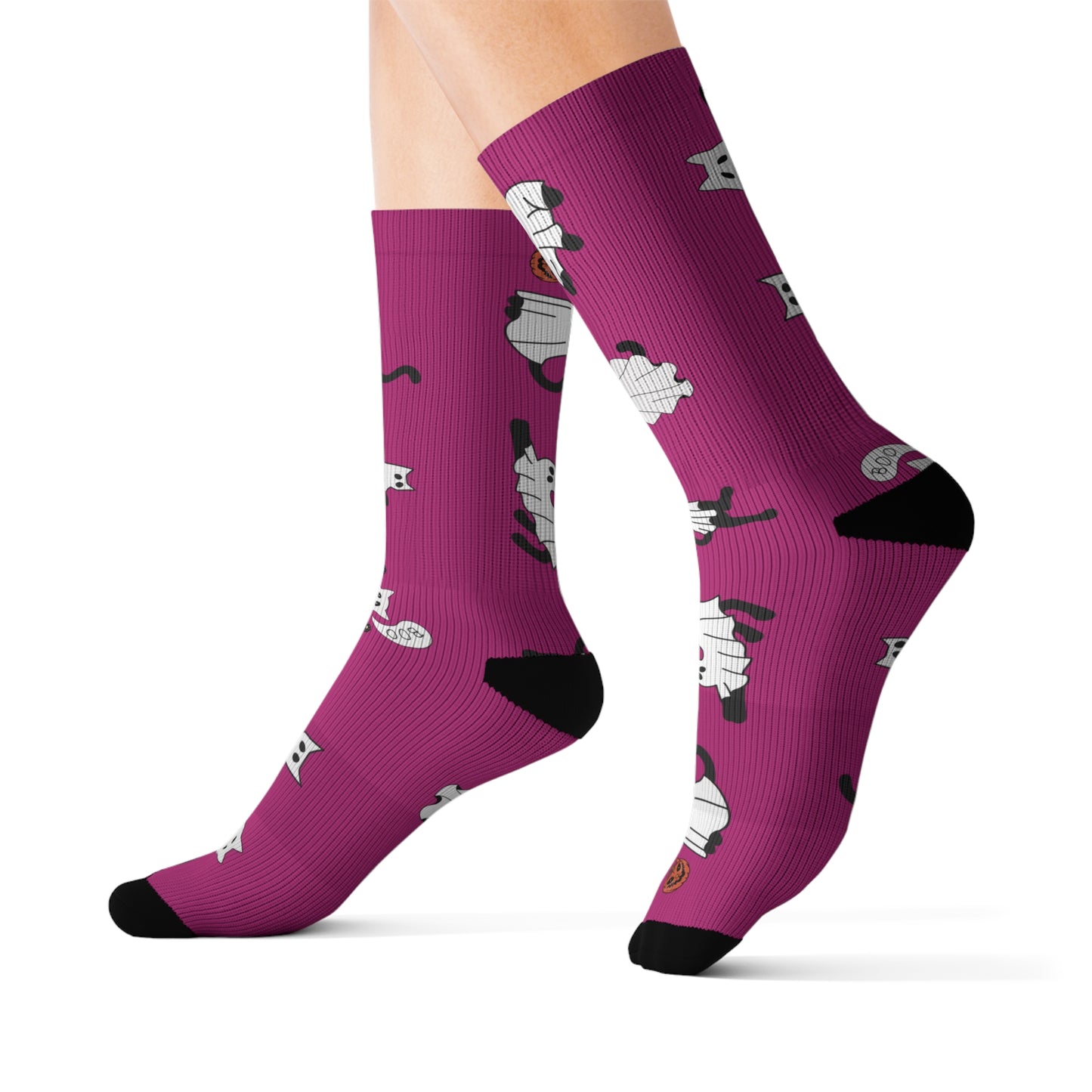 Windsor Wonders Pink Halloween Ghost Cats Sublimation Socks