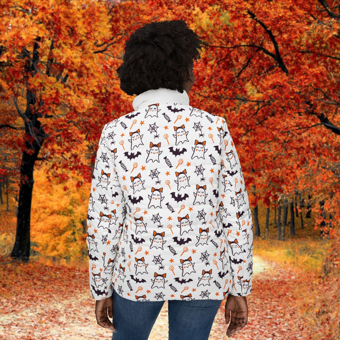 Halloween Ghost Puffer Jacket - Women's Cozy Outerwear