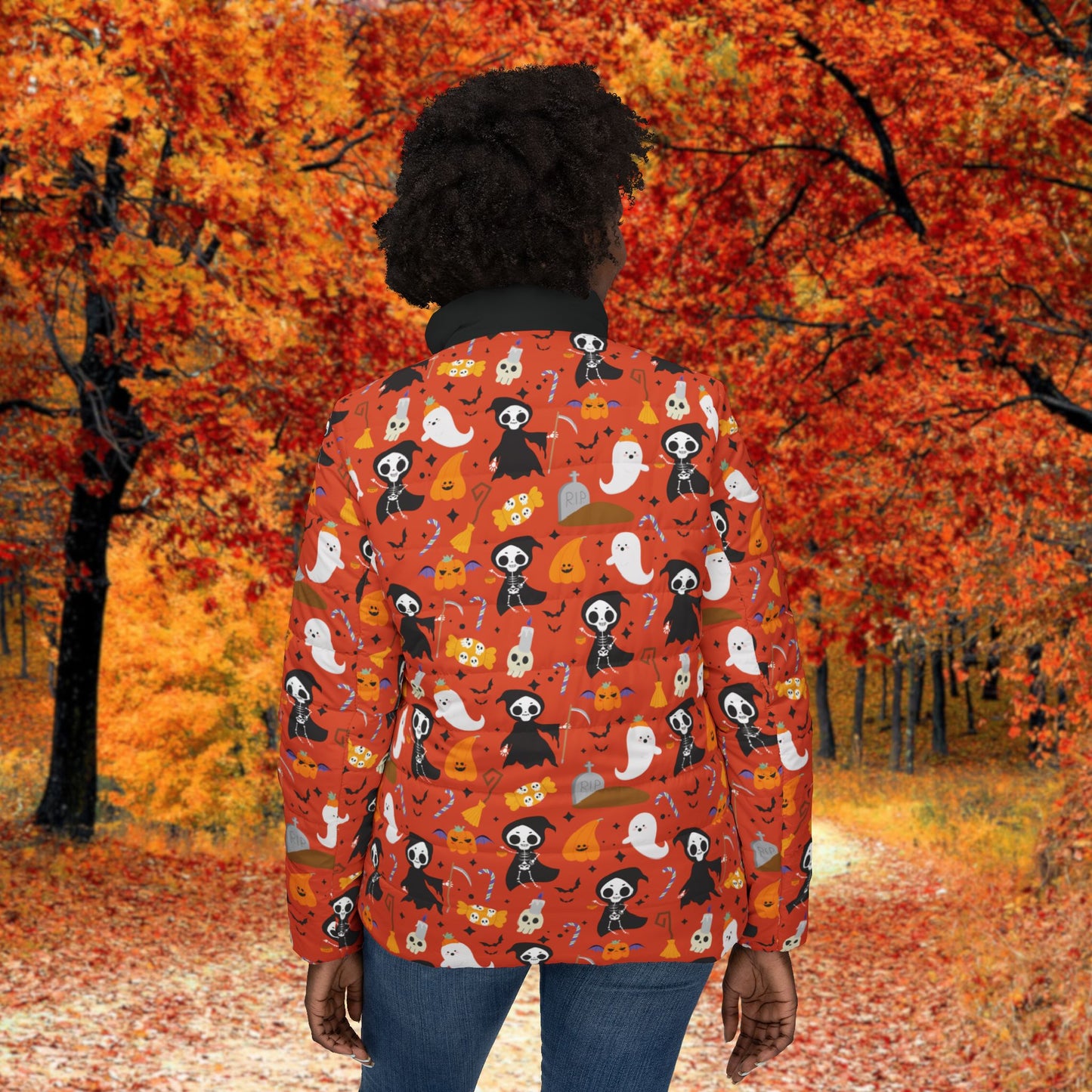 Halloween Ghosts & Reapers Women’s Puffer Jacket, Cozy Fall Layer, Spooky Season Outerwear, Pet Lover Gift, Cute Halloween Apparel