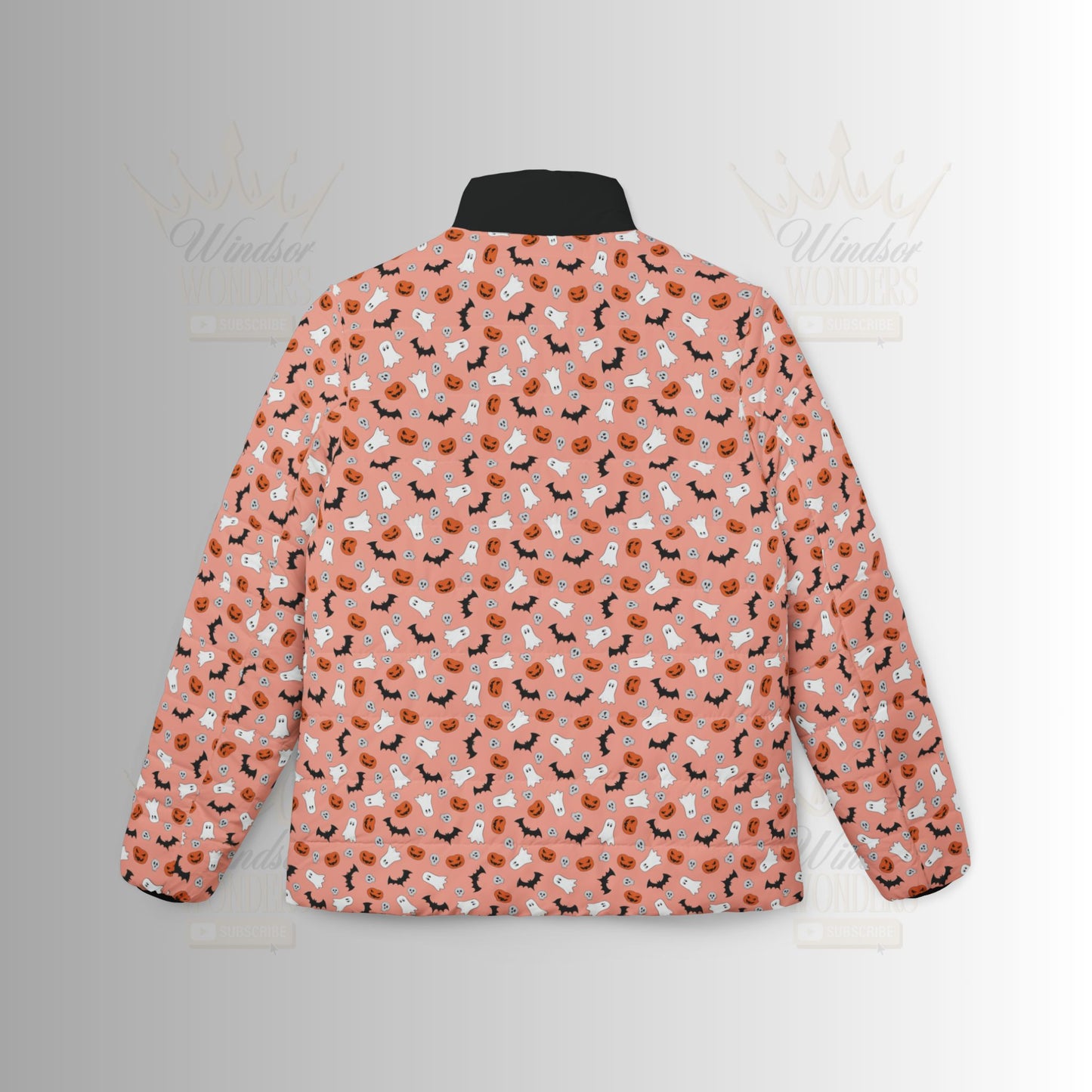 Orange Halloween Cozy Women’s Puffer Jacket, Cute Winter Coat, Stylish Outerwear, Trendy Fashion, Perfect for Gifting, Animal Print Design