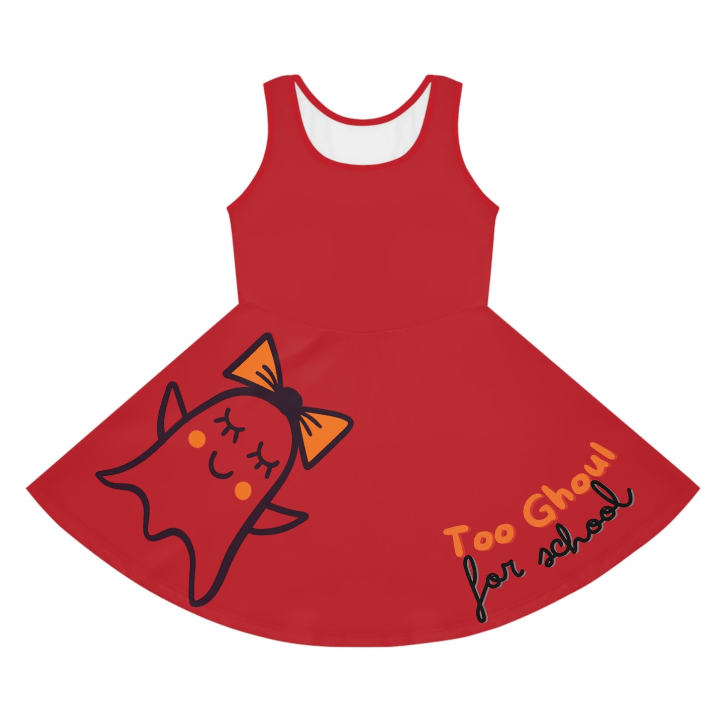 Dark Red Too Ghoul For School Cute Ghost Girls' Sleeveless Sundress (AOP)