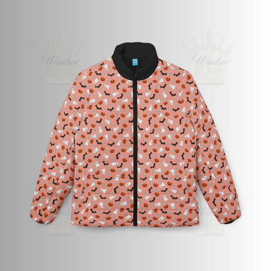 Orange Halloween Cozy Women’s Puffer Jacket, Cute Winter Coat, Stylish Outerwear, Trendy Fashion, Perfect for Gifting, Animal Print Design