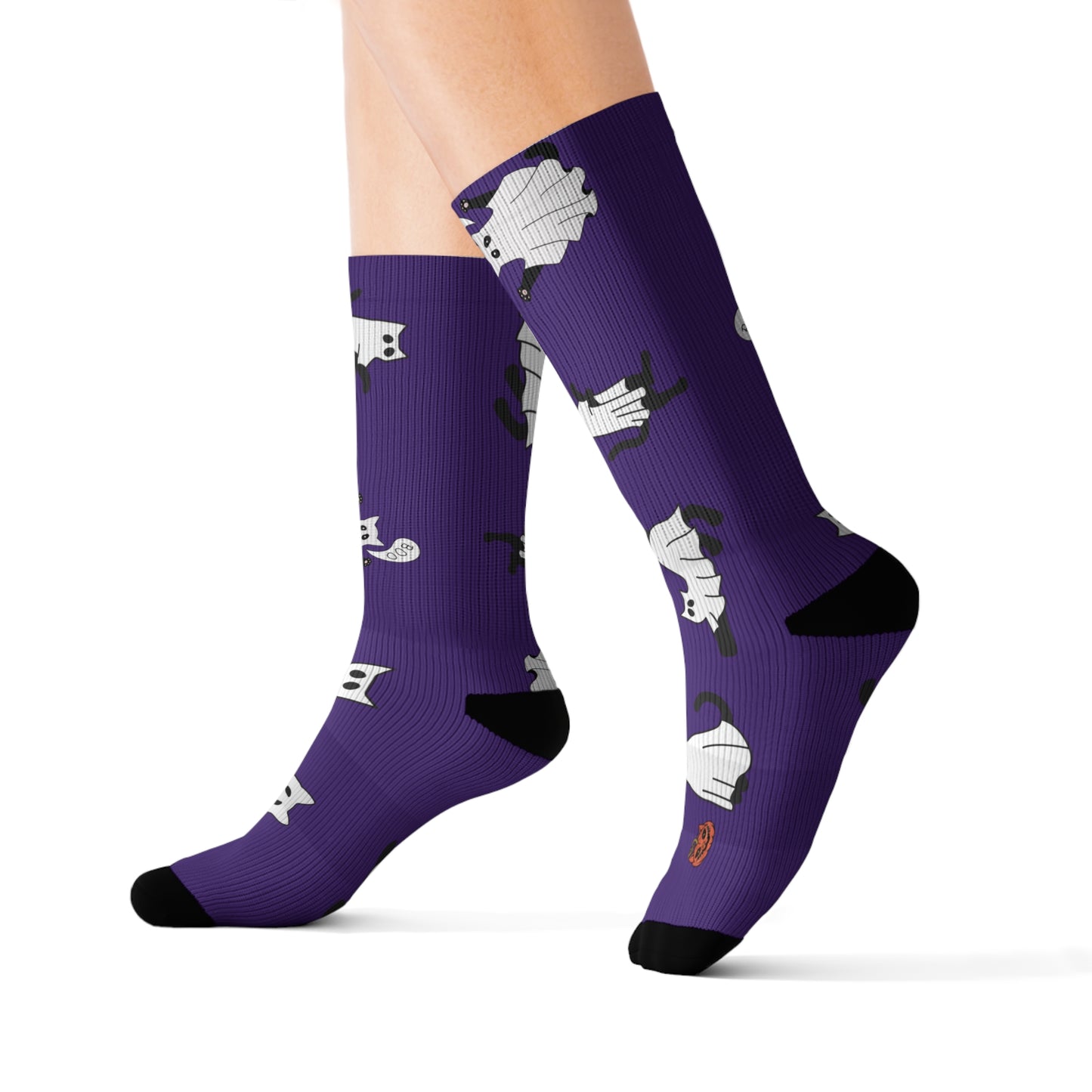 Windsor Wonders Dark Purple Halloween Ghost Cats Sublimation Socks