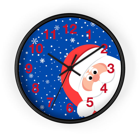 Santa's Watching Dark Blue Wall Clock - Red Numbers