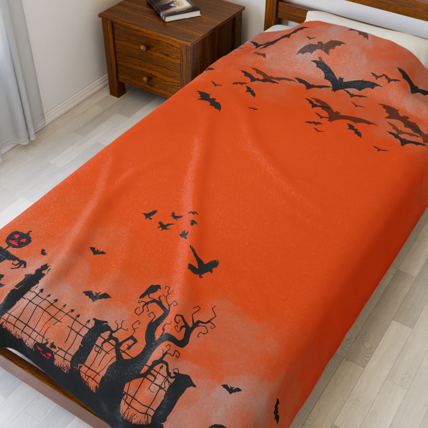 Windsor Wonders Orange Graveyard Halloween Velveteen Plush Blanket
