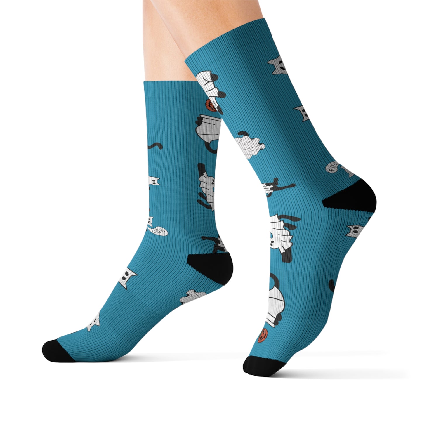 Windsor Wonders Turquoise Halloween Ghost Cats Sublimation Socks